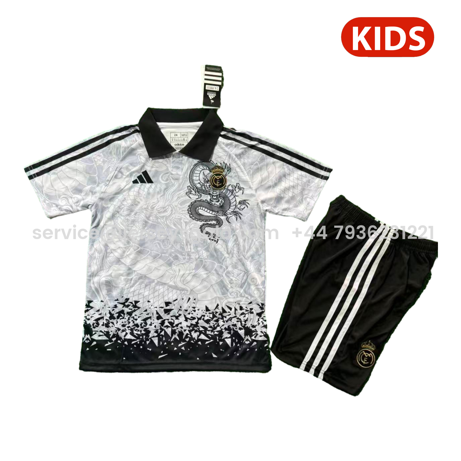 JerseysGala.com | Real Madrid 25-26 Black Dragon Pattern White Special Polo Kids Kit -Customize Name, Number and Patch | Worldwide Shipping