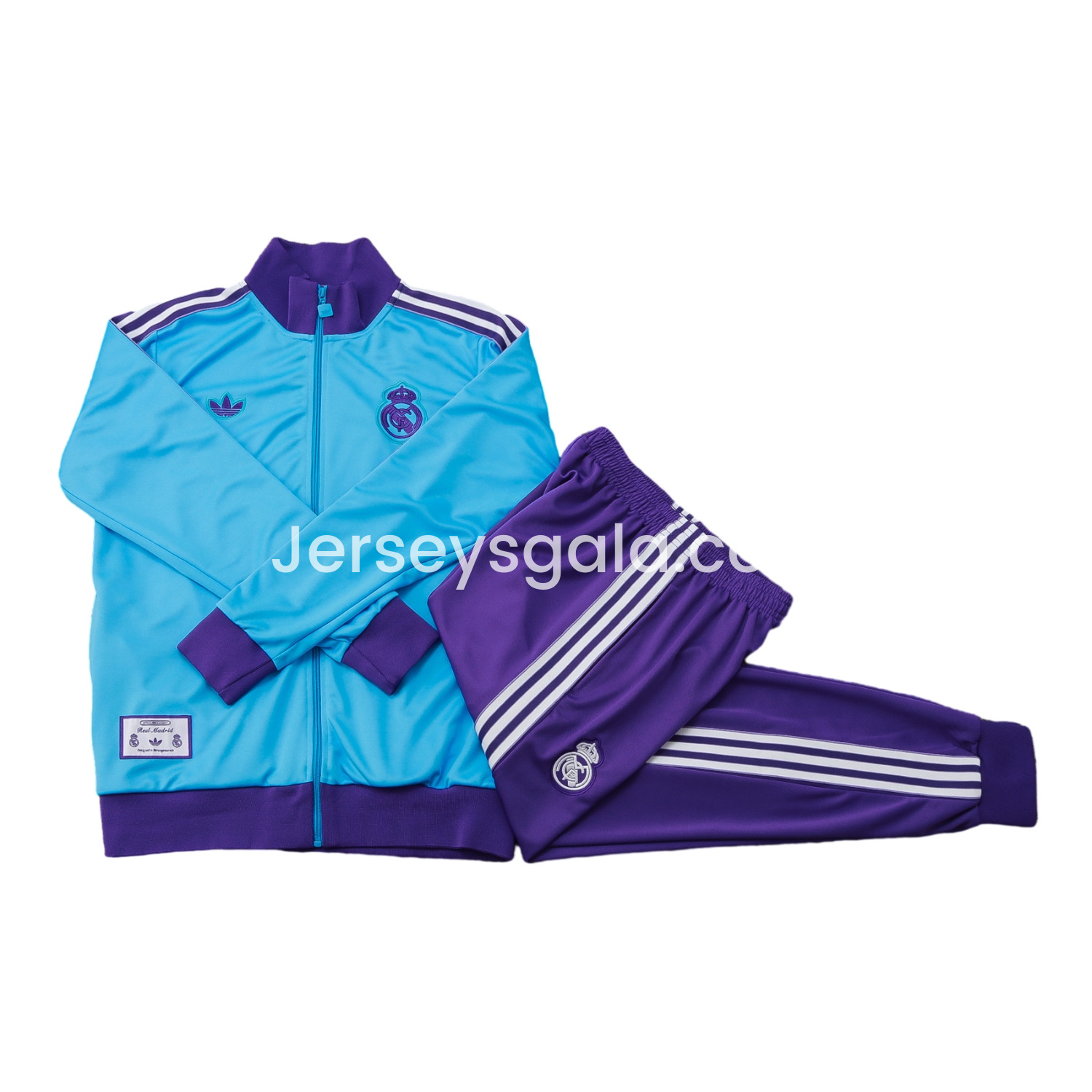 JerseysGala.com | Real Madrid 25-26 Throwback Trefoil Jacket Training Tracksuit - Blue Jackets & Purple Pants -Customize Name, Number and Patch | Worldwide Shipping