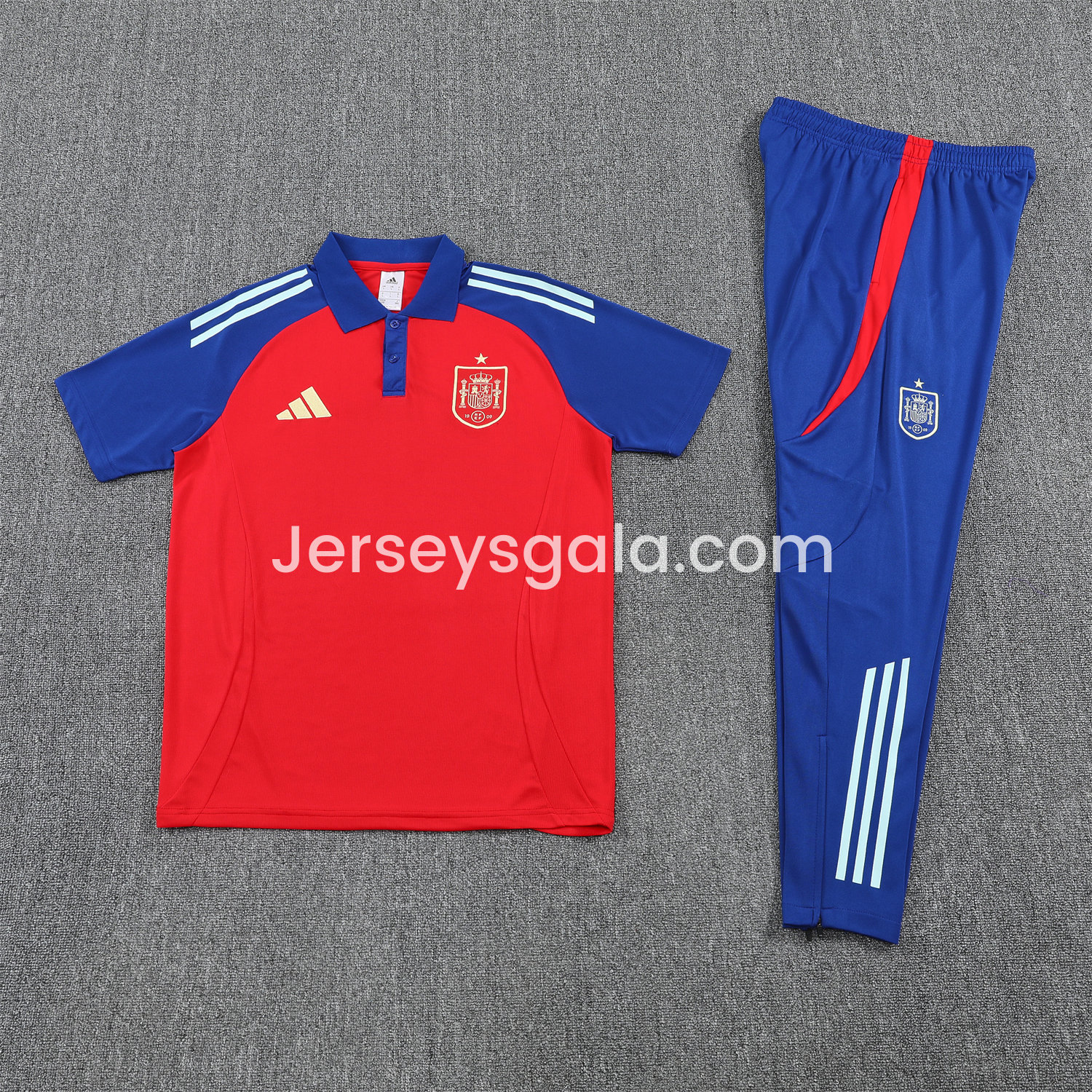 JerseysGala.com | Spain 25-26 POLO Short-Sleeve Training Set - Red Top and Blue Pants -Customize Name, Number and Patch | Worldwide Shipping