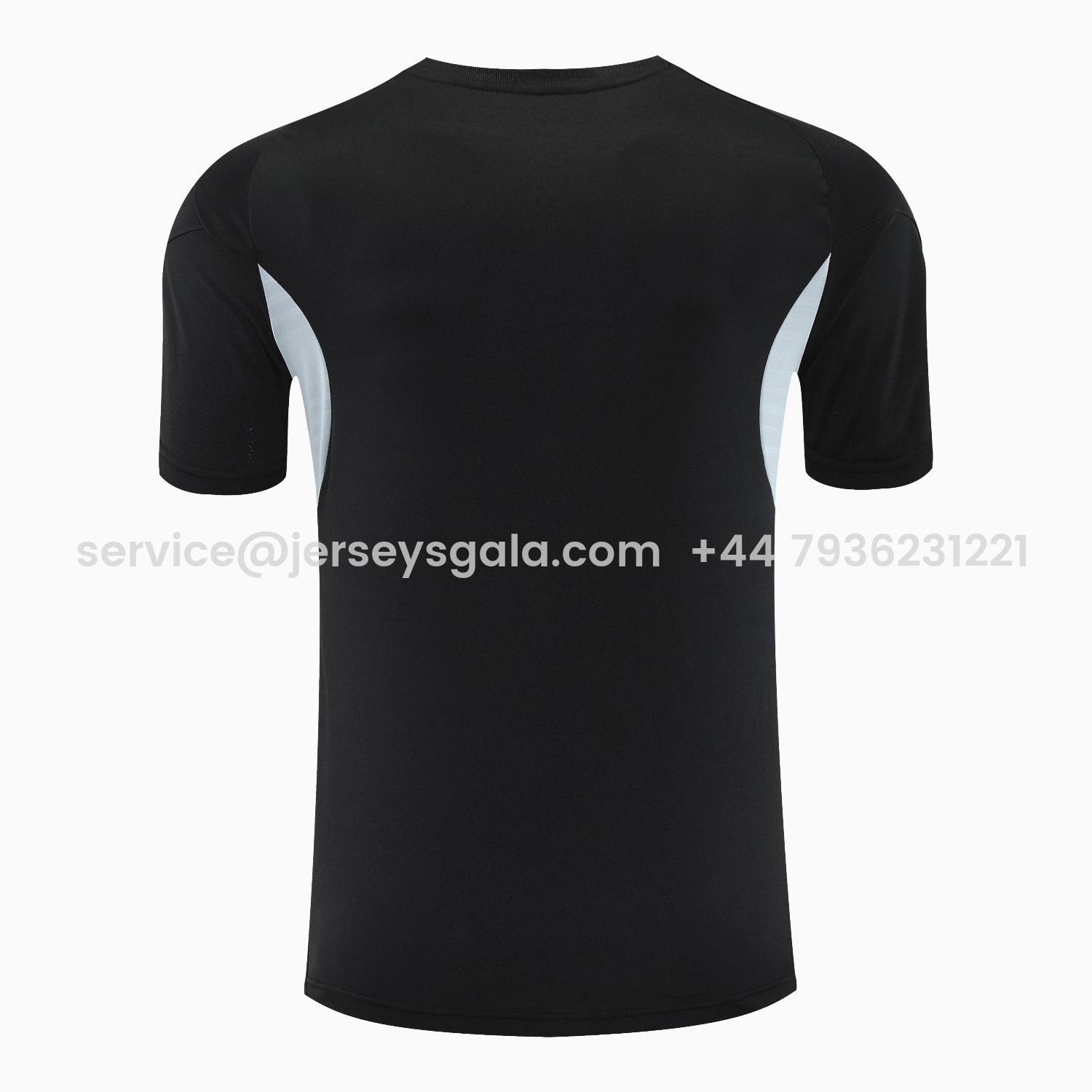JerseysGala.com | Real Madrid 25-26 Short-Sleeve Training Set - Light Grey Stripes Black Top & Black Shorts -Customize Name, Number and Patch | Worldwide Shipping