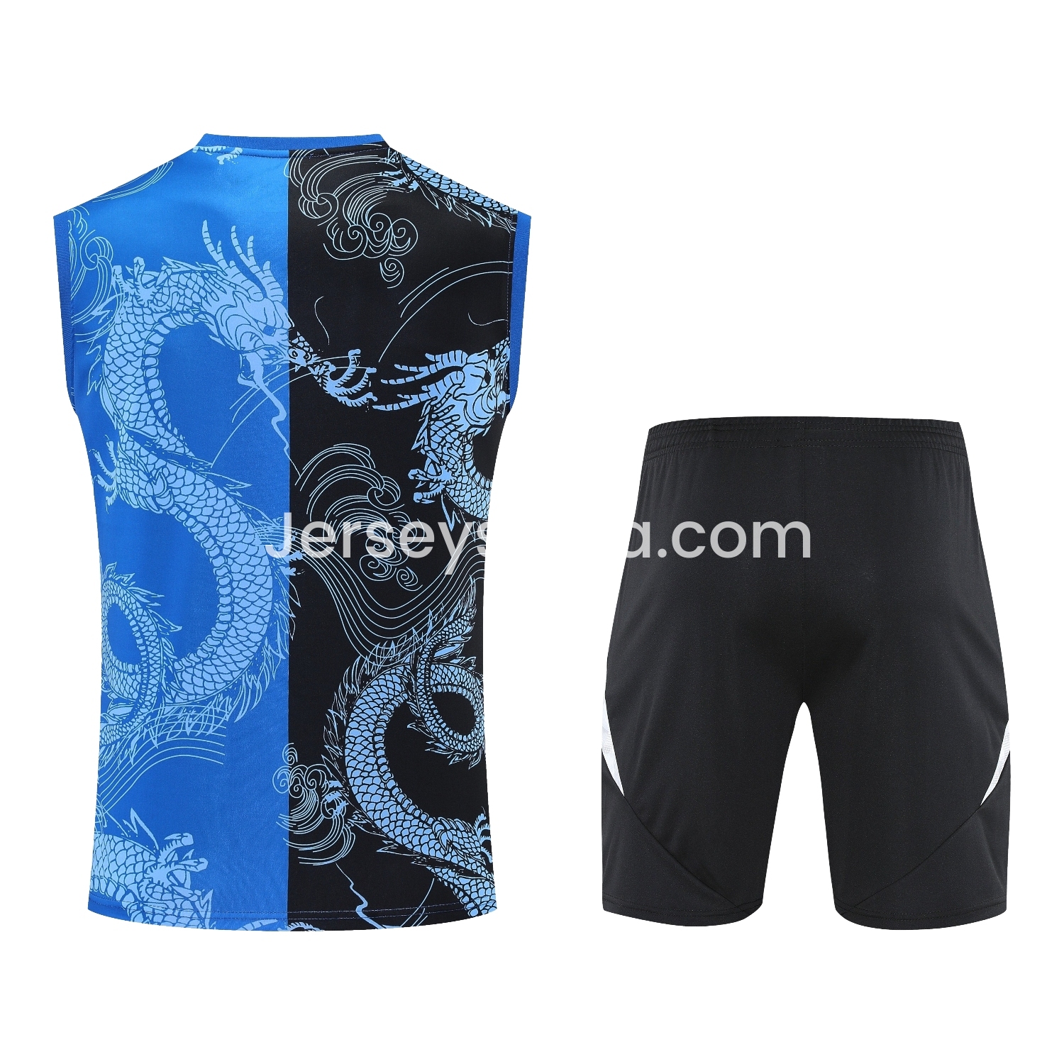JerseysGala.com | Real Madrid 25-26 Vest Training Set - Blue Black Dragon Vest & Black-White Shorts -Customize Name, Number and Patch | Worldwide Shipping