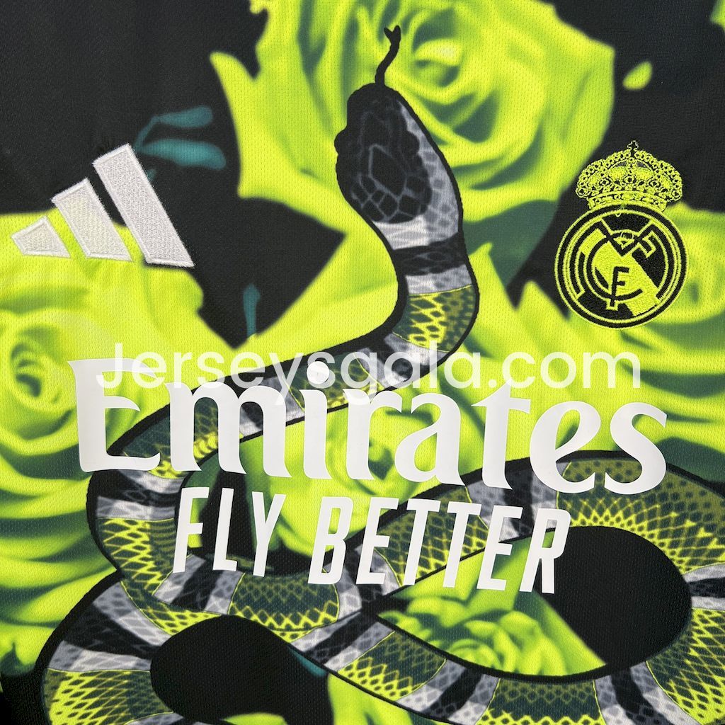 JerseysGala.com | Real Madrid 25-26 Snake and Green Flowers Black Jersey - Fans Version -Customize Name, Number and Patch | Worldwide Shipping