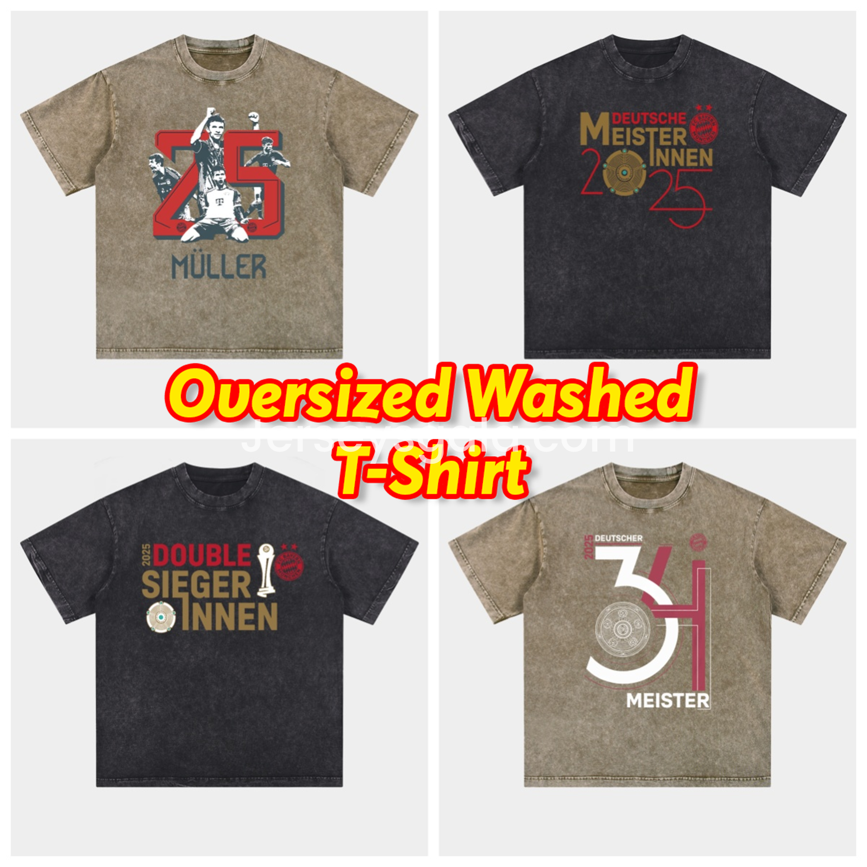 JerseysGala.com | Bayern Munich Bundesliga Champions Deutscher Meister 2025 Oversized Washed T-Shirt -Customize Name, Number and Patch | Worldwide Shipping