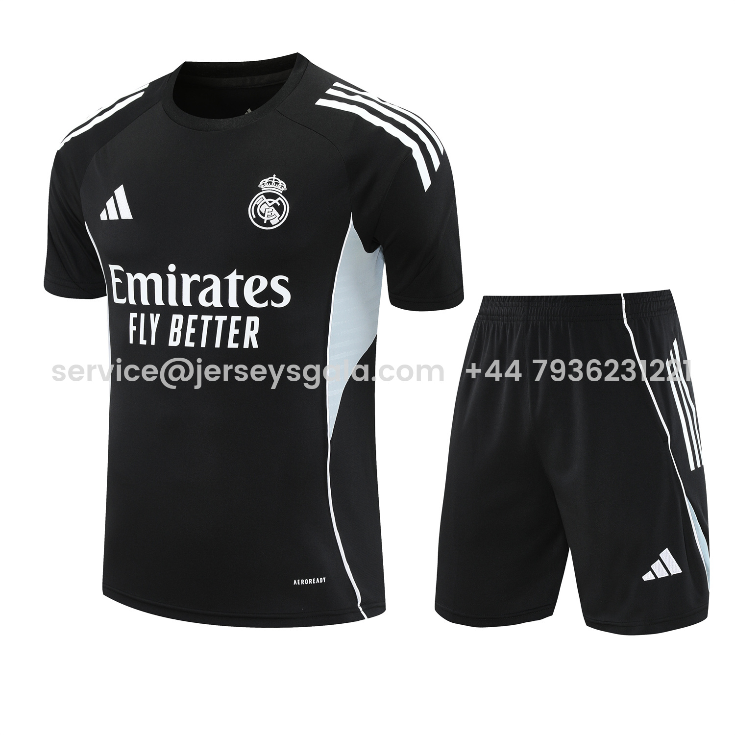 JerseysGala.com | Real Madrid 25-26 Short-Sleeve Training Set - Light Grey Stripes Black Top & Black Shorts -Customize Name, Number and Patch | Worldwide Shipping
