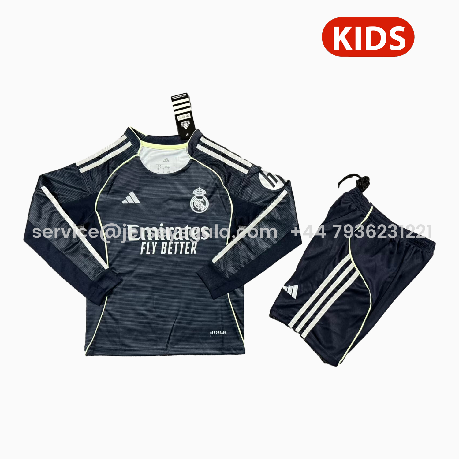 JerseysGala.com | Real Madrid 25-26 Away Long Sleeves Kids Kit - Fans Version -Customize Name, Number and Patch | Worldwide Shipping