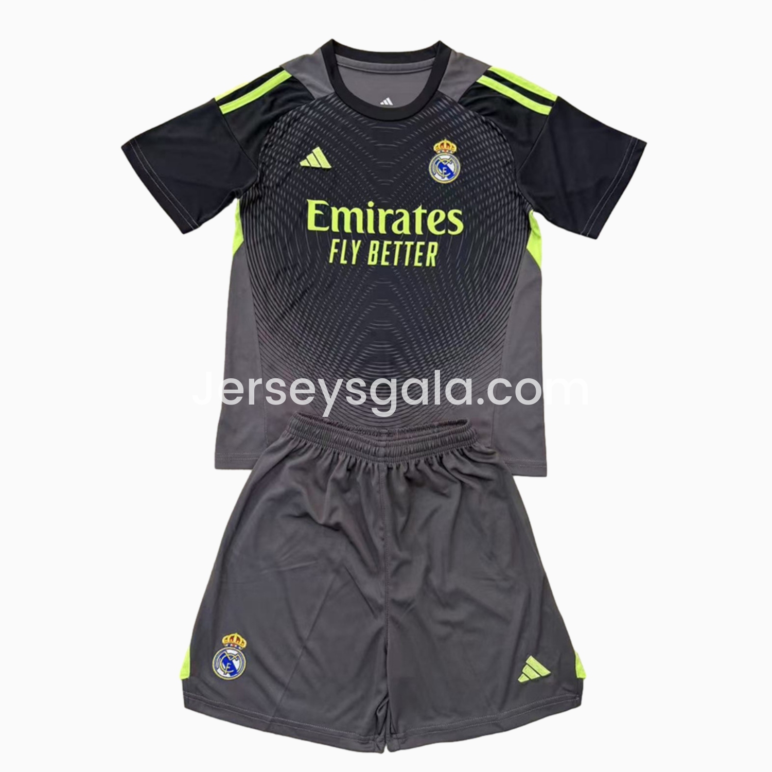 JerseysGala.com | Real Madrid 25-26 Grey Black Goalkeeper Kids Kit -Customize Name, Number and Patch | Worldwide Shipping