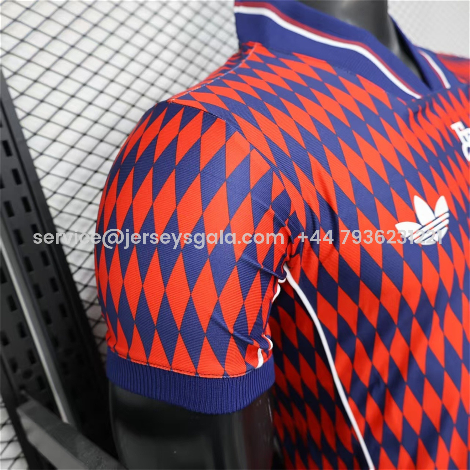 JerseysGala.com | Bayern Munich 25-26 Trefoil Retro Style Red And Deep Blue Jersey - Player Version -Customize Name, Number and Patch | Worldwide Shipping
