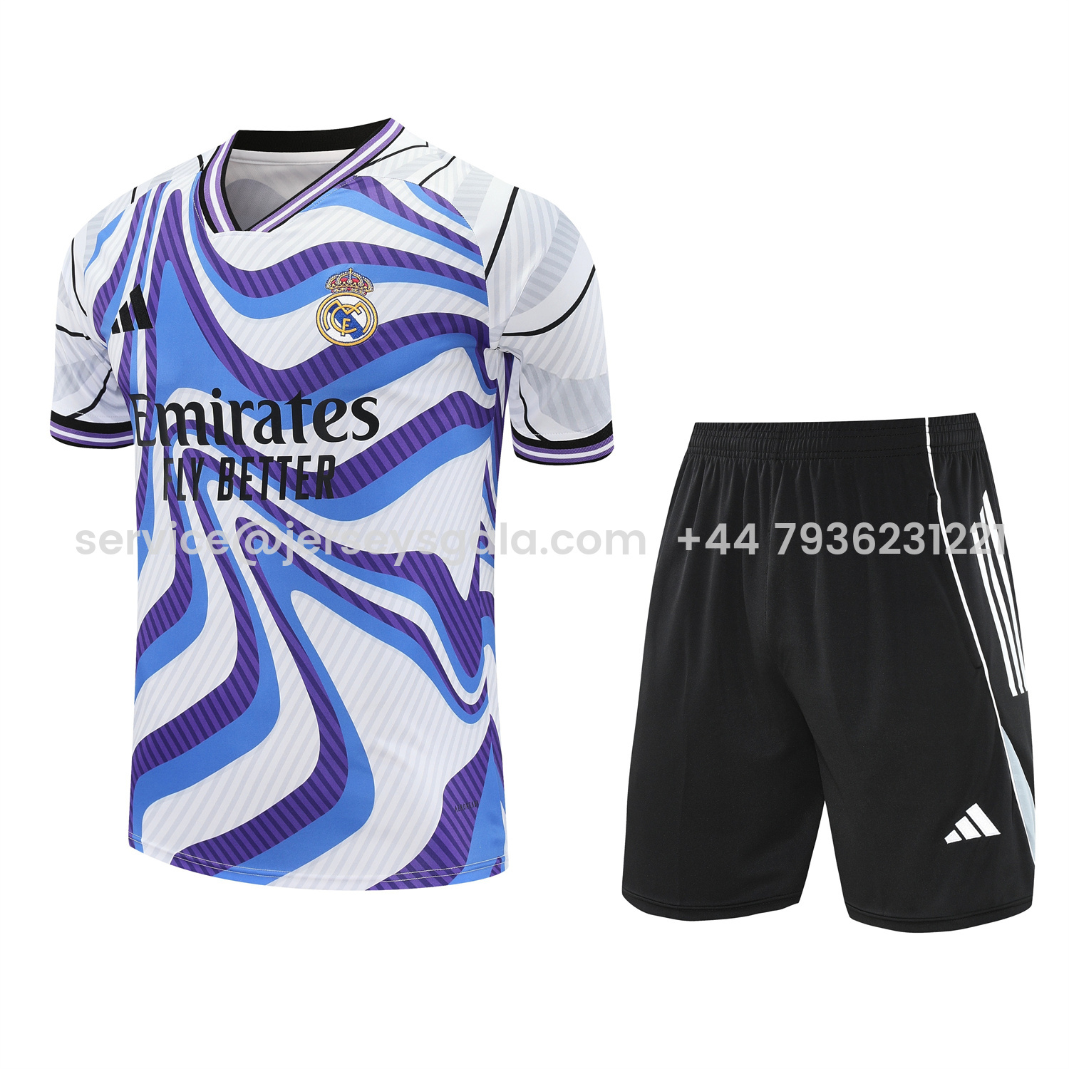 JerseysGala.com | Real Madrid 25-26 Short-Sleeve Training Set - Blue Purple Curve Pattern Top & Black Shorts -Customize Name, Number and Patch | Worldwide Shipping