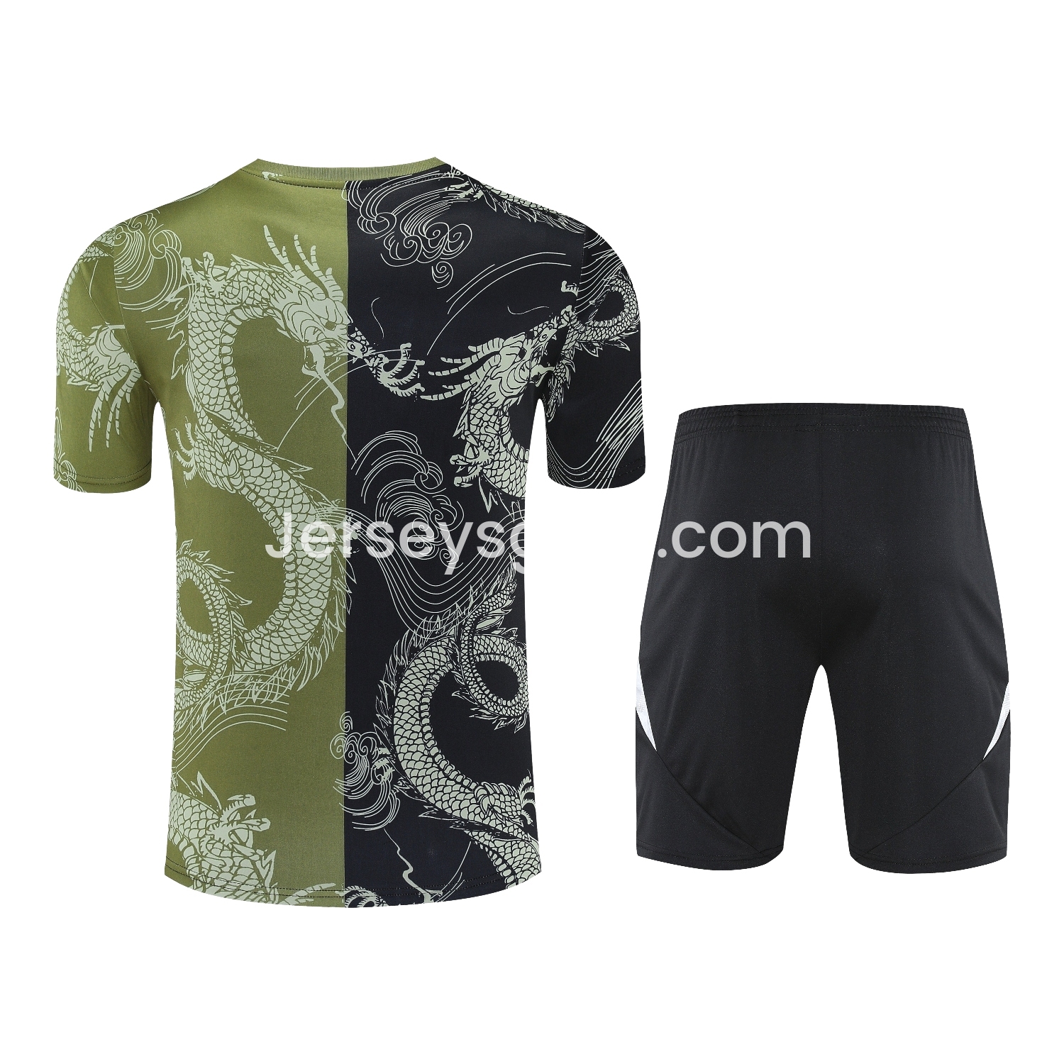 JerseysGala.com | Real Madrid 25-26 Short-Sleeve Training Set - Green-Black Dragon Top & Black-White Shorts -Customize Name, Number and Patch | Worldwide Shipping