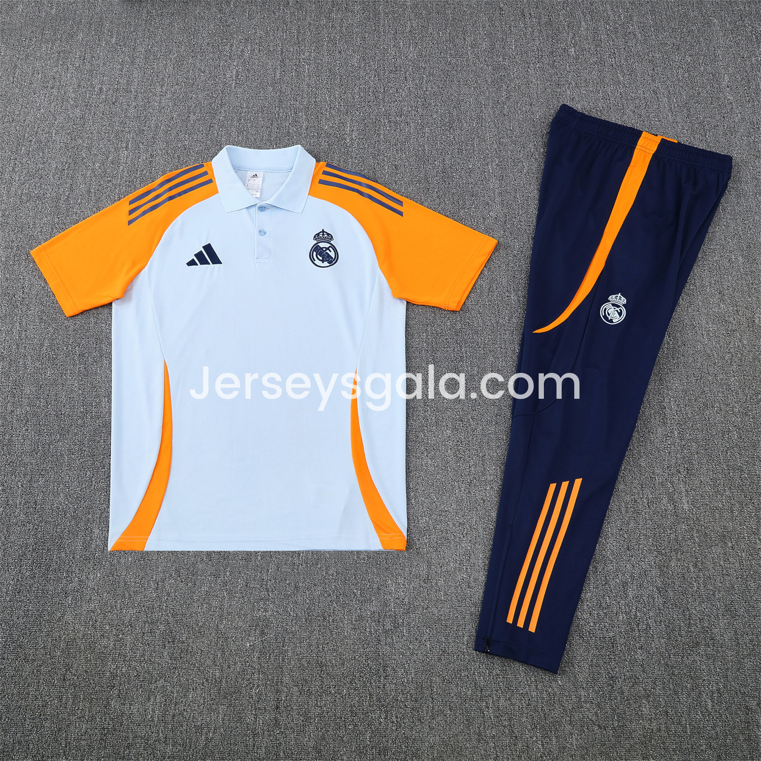 JerseysGala.com | Real Madrid 25-26 POLO Short-Sleeve Training Set - Light Blue Top and Deep Blue Pants -Customize Name, Number and Patch | Worldwide Shipping