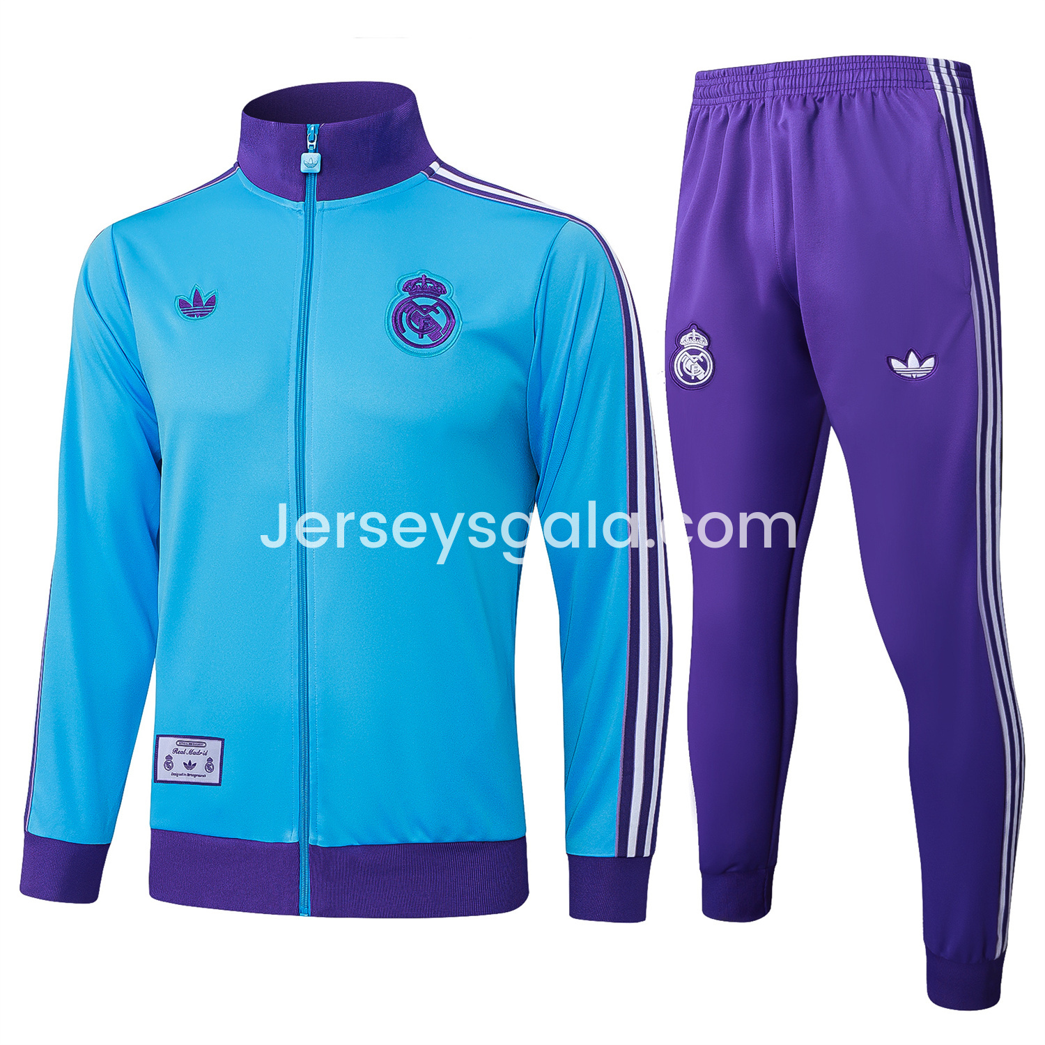 JerseysGala.com | Real Madrid 25-26 Throwback Trefoil Jacket Training Tracksuit - Blue Jackets & Purple Pants -Customize Name, Number and Patch | Worldwide Shipping