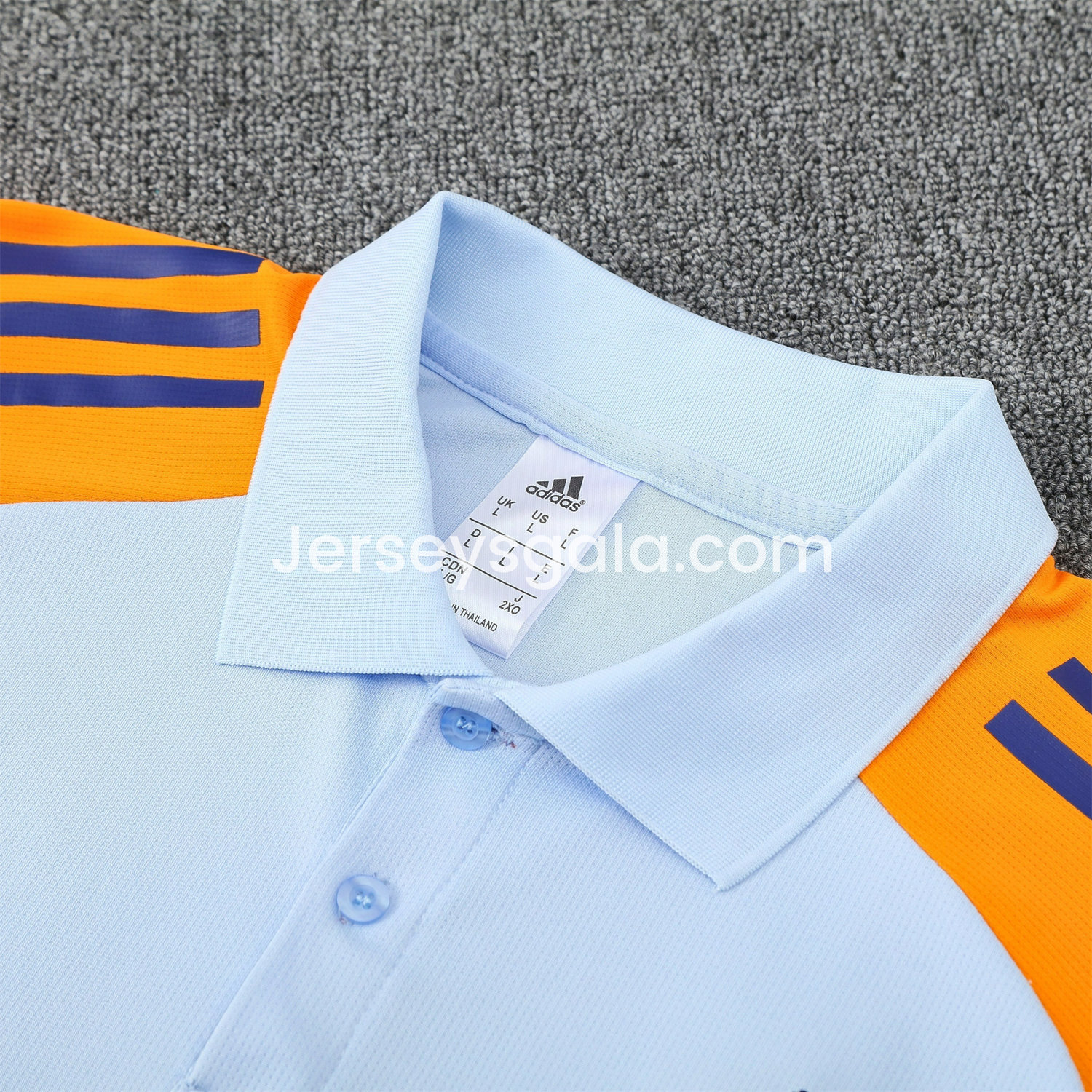 JerseysGala.com | Real Madrid 25-26 POLO Short-Sleeve Training Set - Light Blue Top and Deep Blue Pants -Customize Name, Number and Patch | Worldwide Shipping