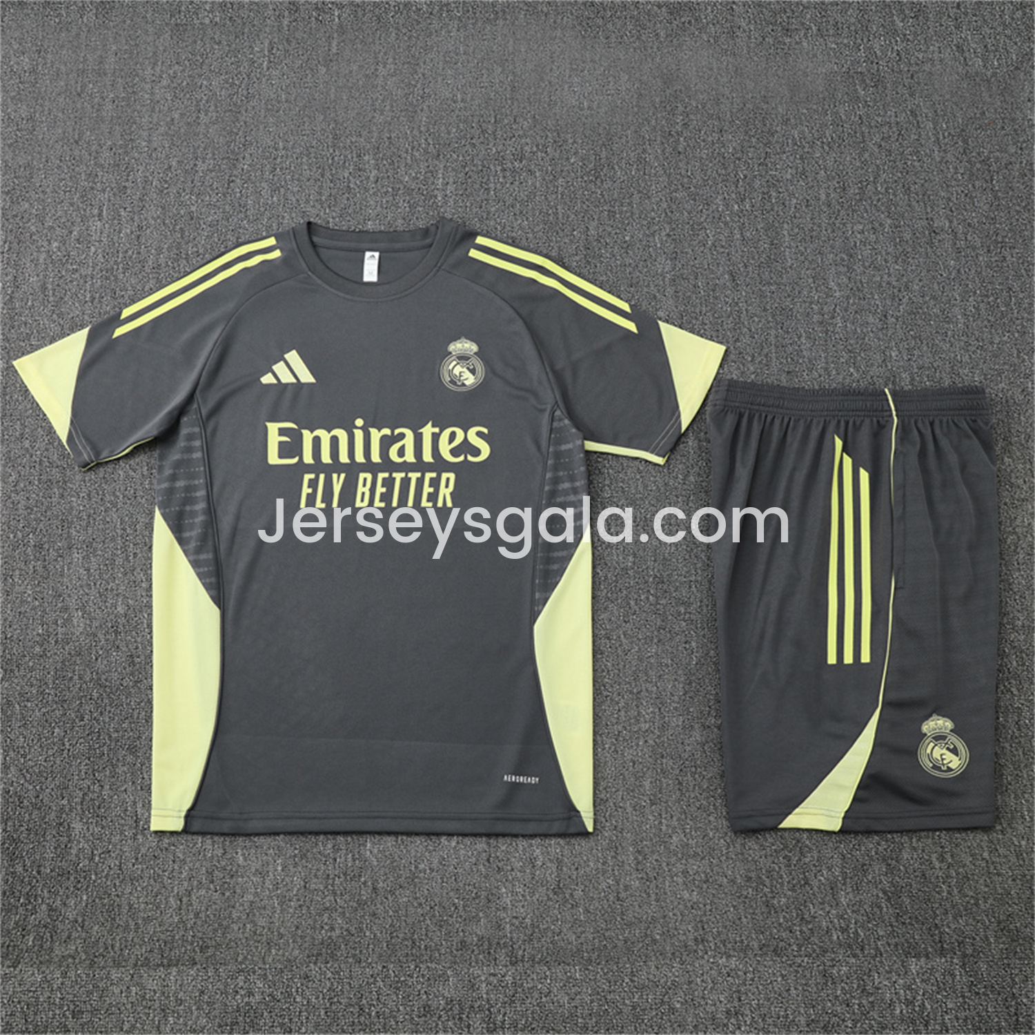 JerseysGala.com | Real Madrid 25-26 Short-Sleeve Training Set - Deep Grey Top and Shorts -Customize Name, Number and Patch | Worldwide Shipping