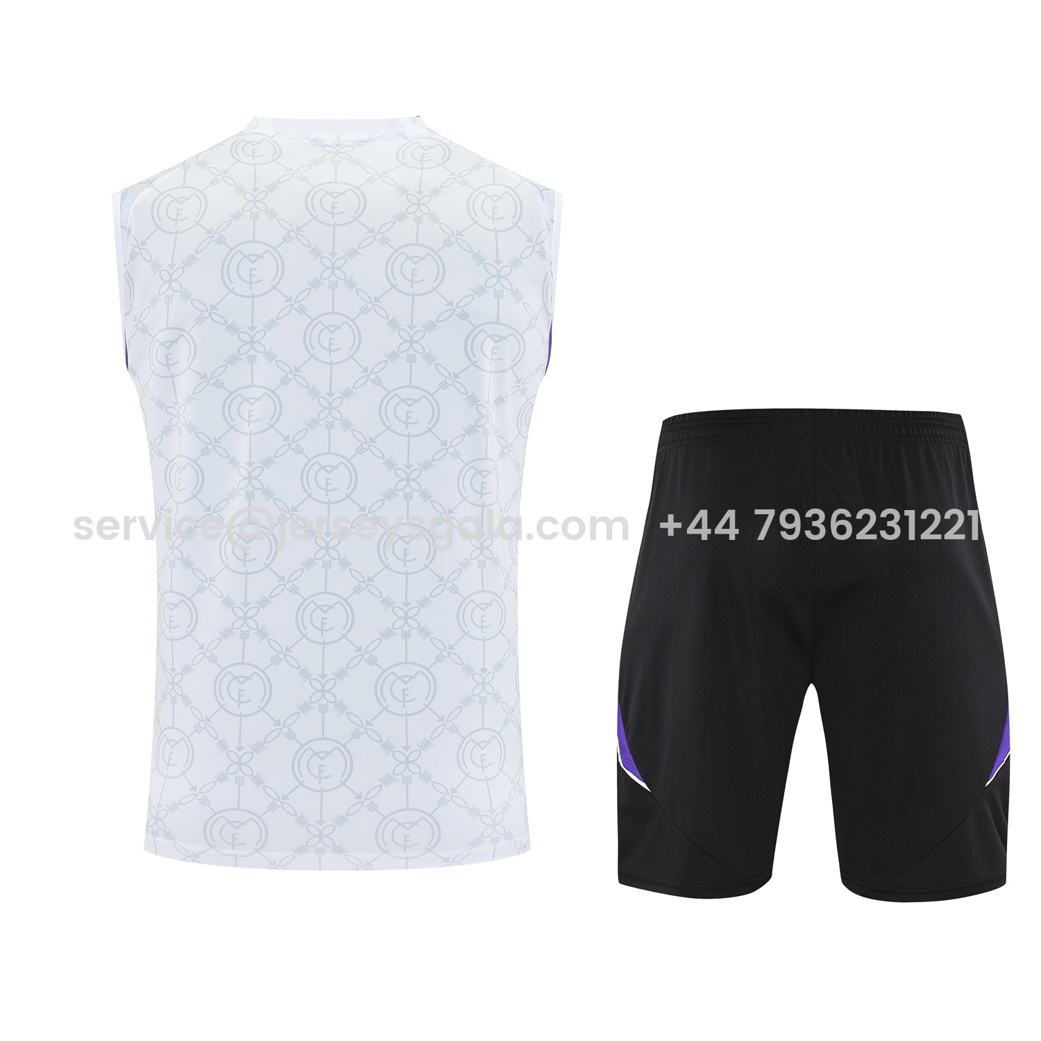 JerseysGala.com | Real Madrid 25-26 Vest Training Set - Blue Edge White Vest & Black Shorts -Customize Name, Number and Patch | Worldwide Shipping