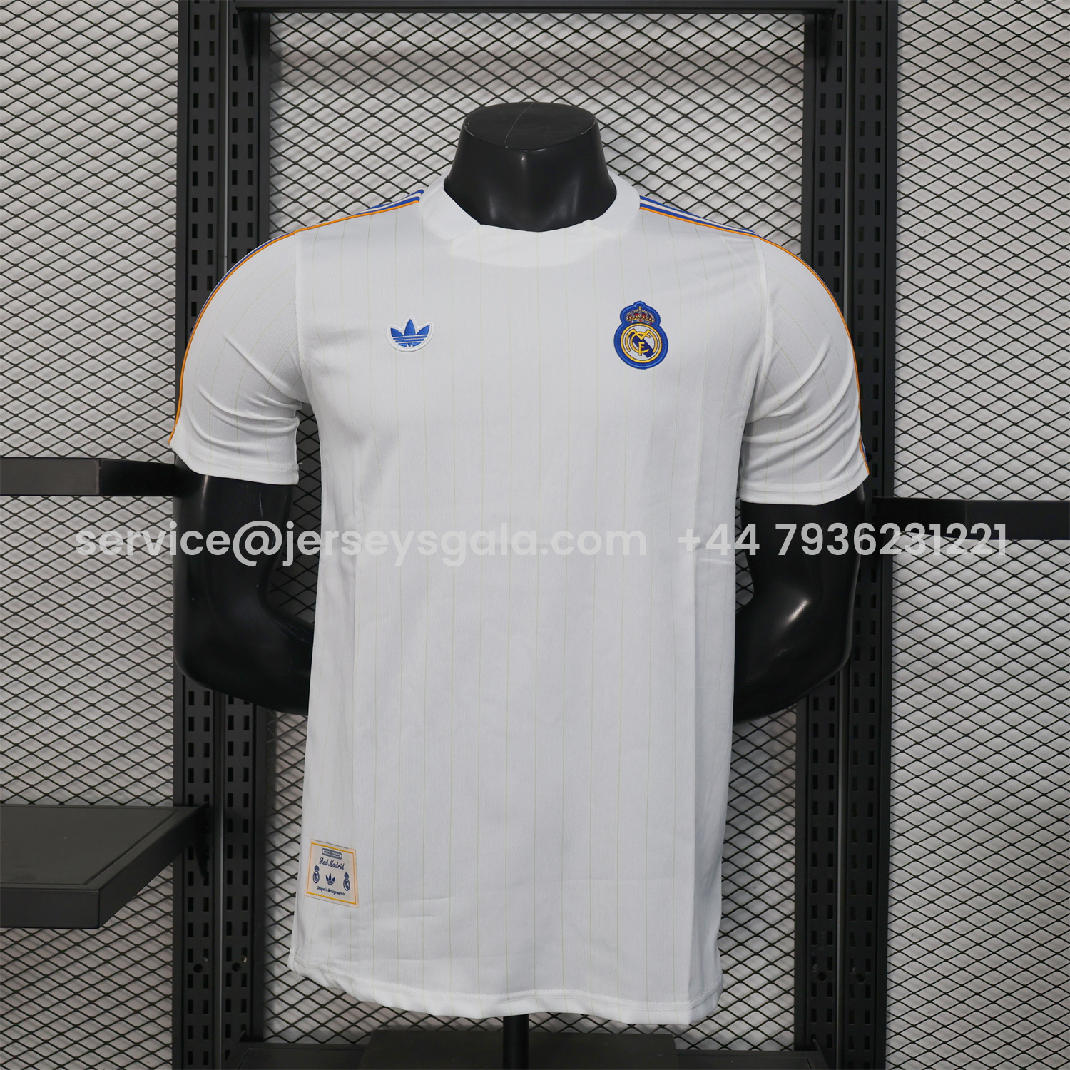 JerseysGala.com | Real Madrid 25-26 Trefoil Blue Lines White Travel Jersey - Player Version -Customize Name, Number and Patch | Worldwide Shipping