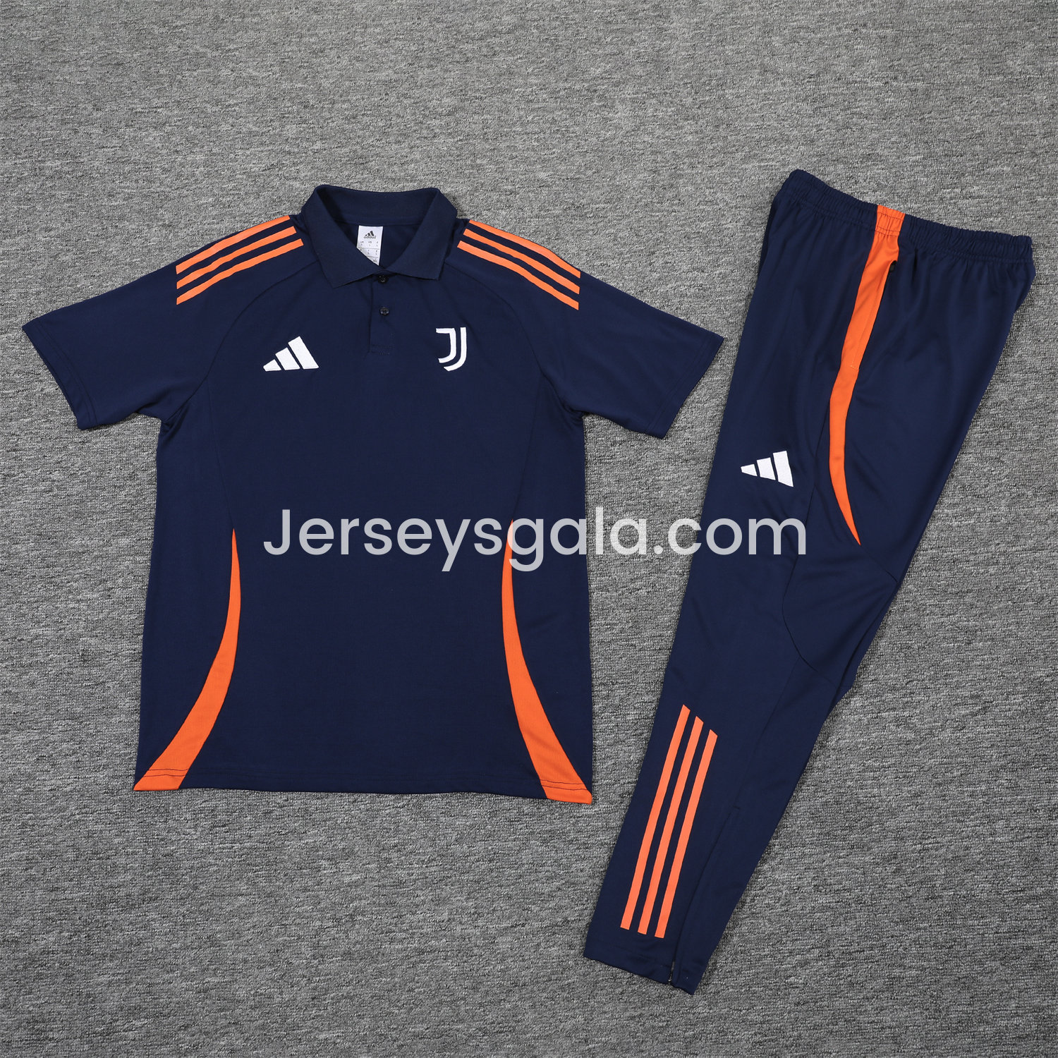 JerseysGala.com | Juventus 25-26 POLO Short-Sleeve Training Set - Deep Blue Top and Pants with Orange Stripes -Customize Name, Number and Patch | Worldwide Shipping