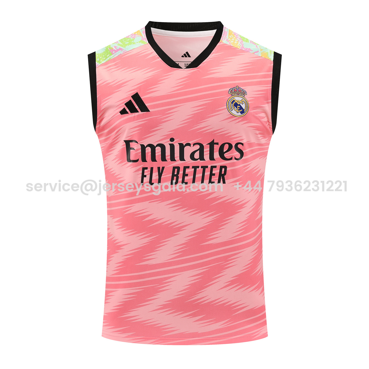 JerseysGala.com | Real Madrid 25-26 Vest Training Set - Pink Arrow Pattern Vest & Black Shorts -Customize Name, Number and Patch | Worldwide Shipping