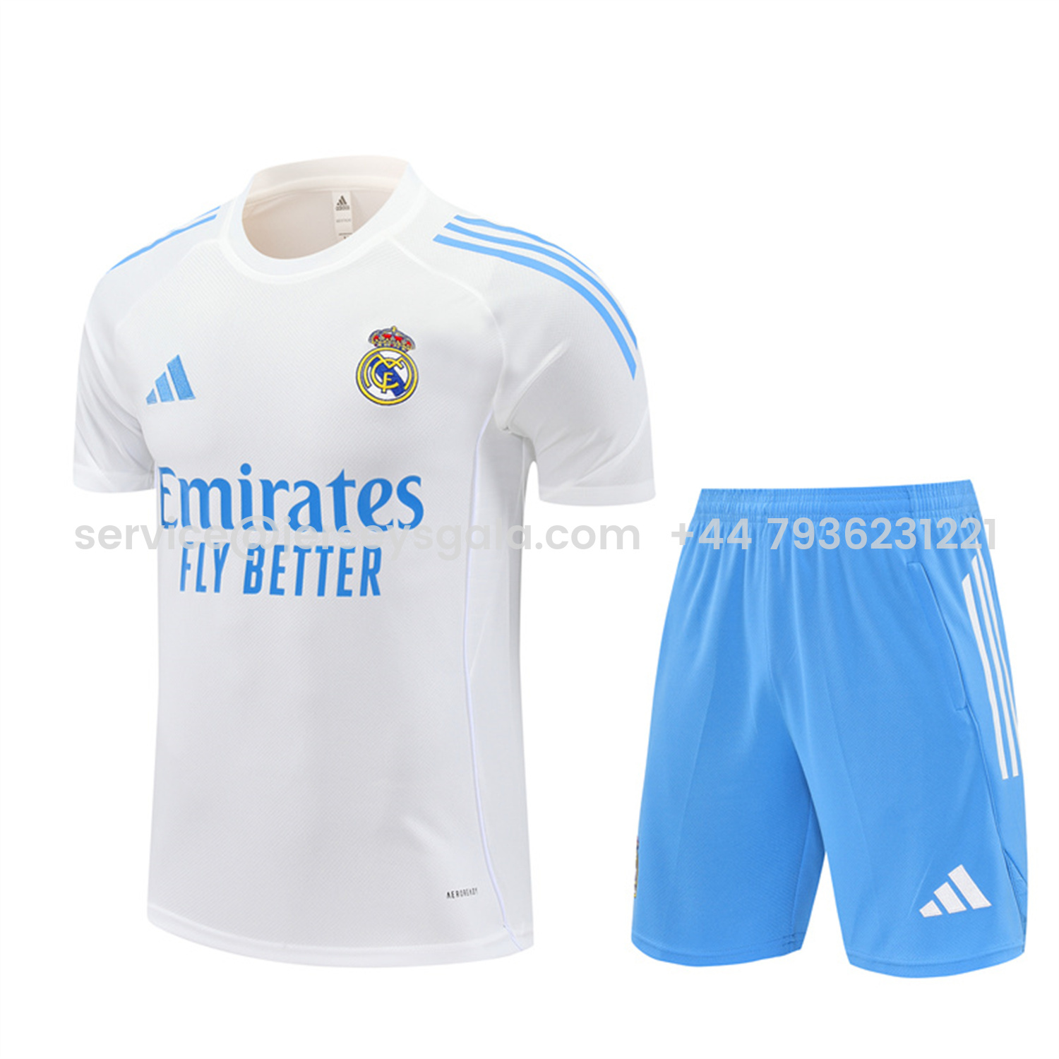 JerseysGala.com | Real Madrid 25-26 Short-Sleeve Training Set - White Top and Sky Blue Shorts -Customize Name, Number and Patch | Worldwide Shipping