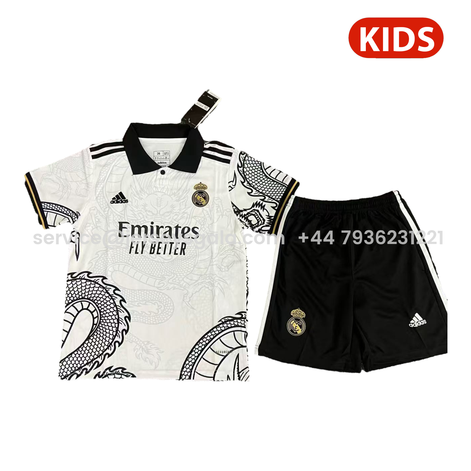 JerseysGala.com | Real Madrid 25-26 Black Dragon Body White Special Polo Kids Kit -Customize Name, Number and Patch | Worldwide Shipping