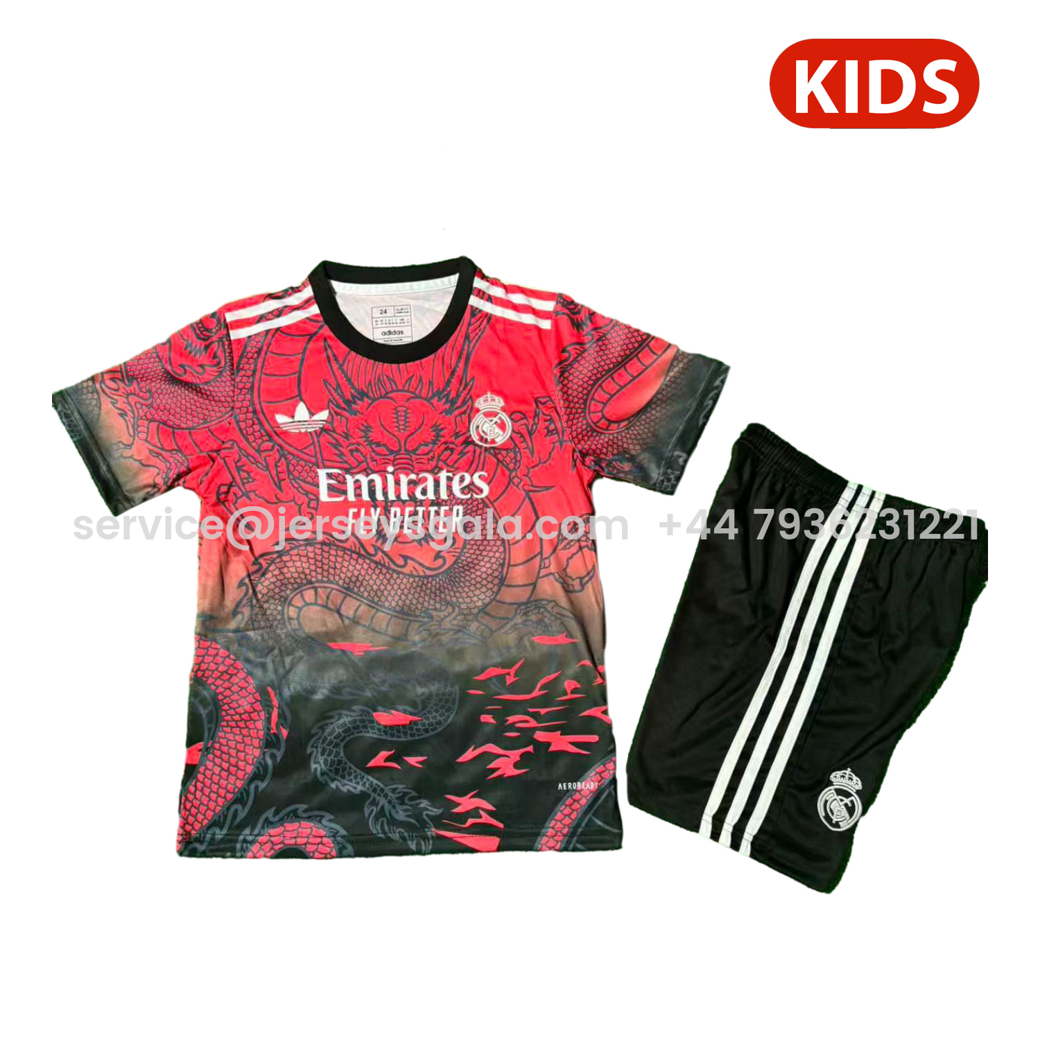 JerseysGala.com | Real Madrid 25-26 Black Dragon Red Special Kids Kit -Customize Name, Number and Patch | Worldwide Shipping