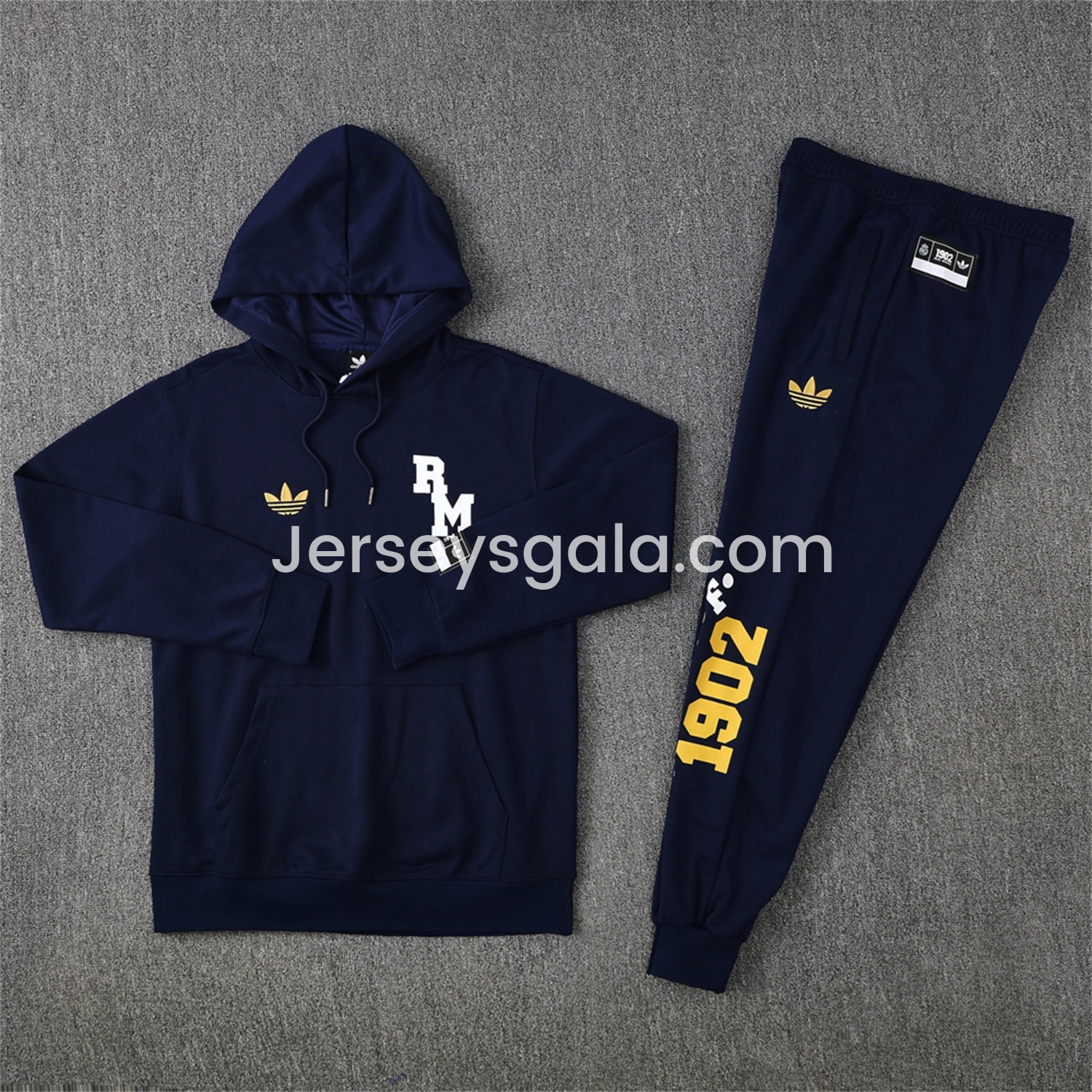 JerseysGala.com | Real Madrid 25-26 Originals Varsity Hoodie Set - Deep Blue Hoodie and Pants -Customize Name, Number and Patch | Worldwide Shipping