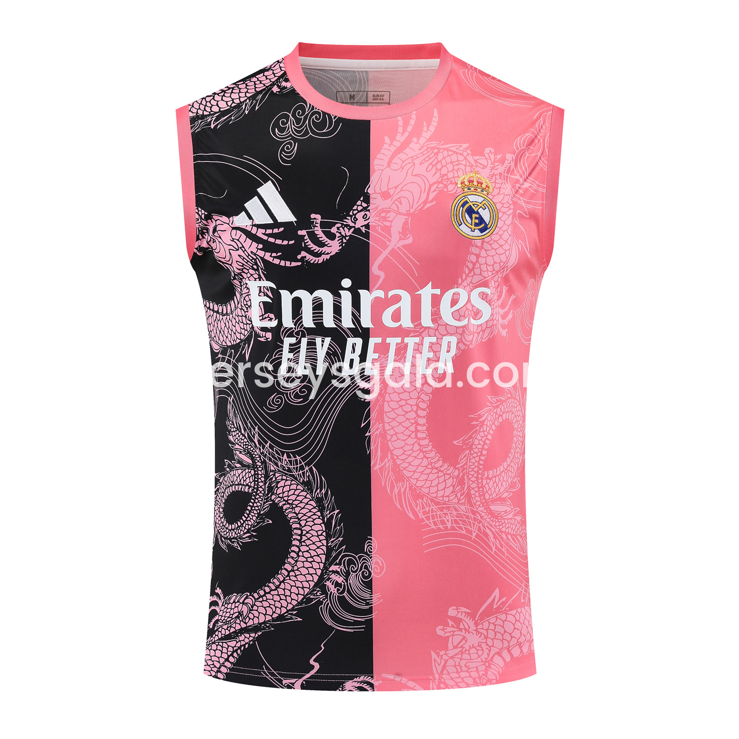 JerseysGala.com | Real Madrid 25-26 Vest Training Set - Pink-Black Dragon Vest & Black-White Shorts -Customize Name, Number and Patch | Worldwide Shipping