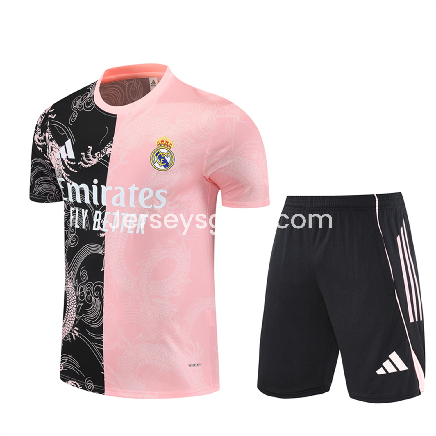 JerseysGala.com | Real Madrid 25-26 Short-Sleeve Training Set - Pink Black Top & Black Shorts -Customize Name, Number and Patch | Worldwide Shipping