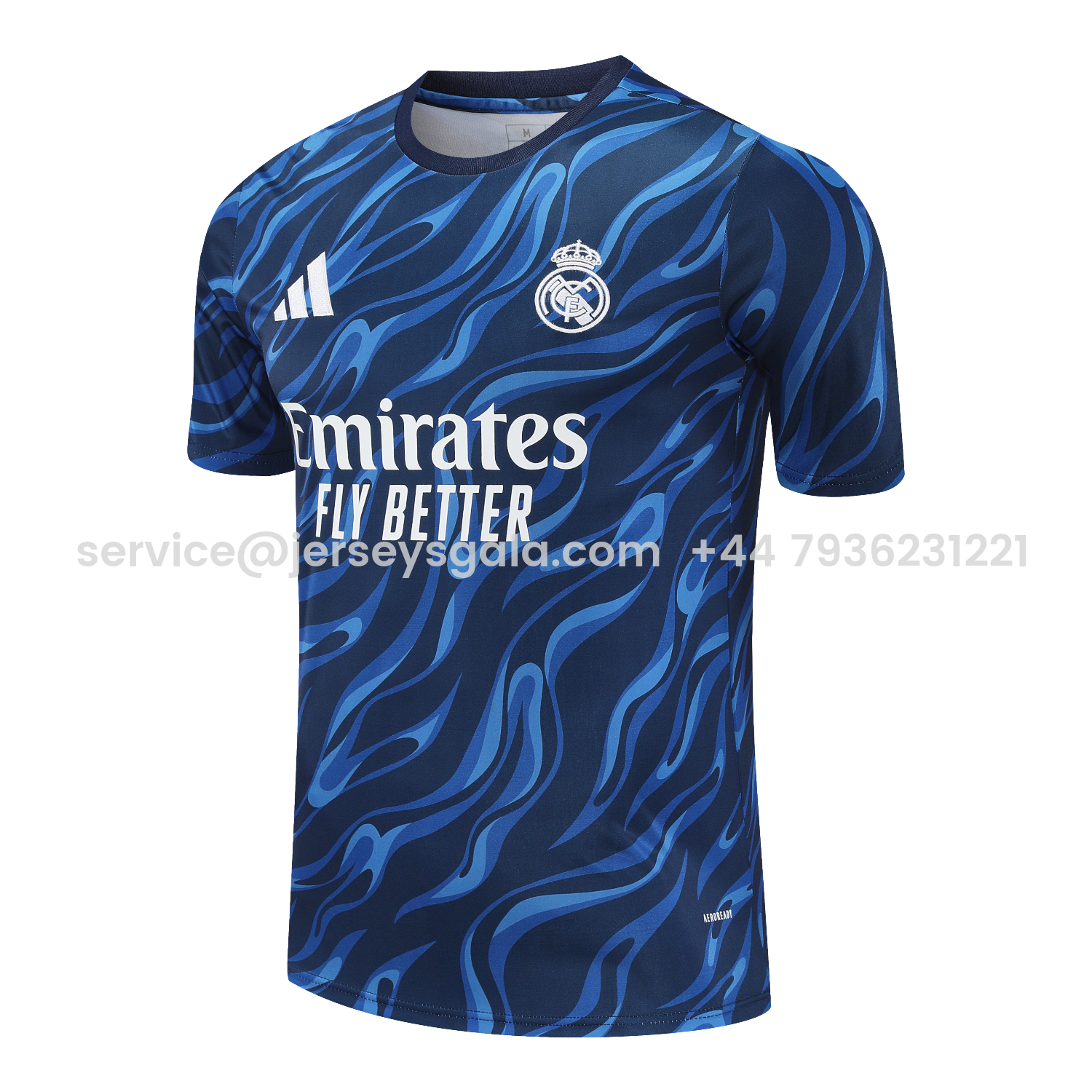JerseysGala.com | Real Madrid 25-26 Short-Sleeve Training Set - Blue Water Pattern Top & Deep Blue Shorts -Customize Name, Number and Patch | Worldwide Shipping