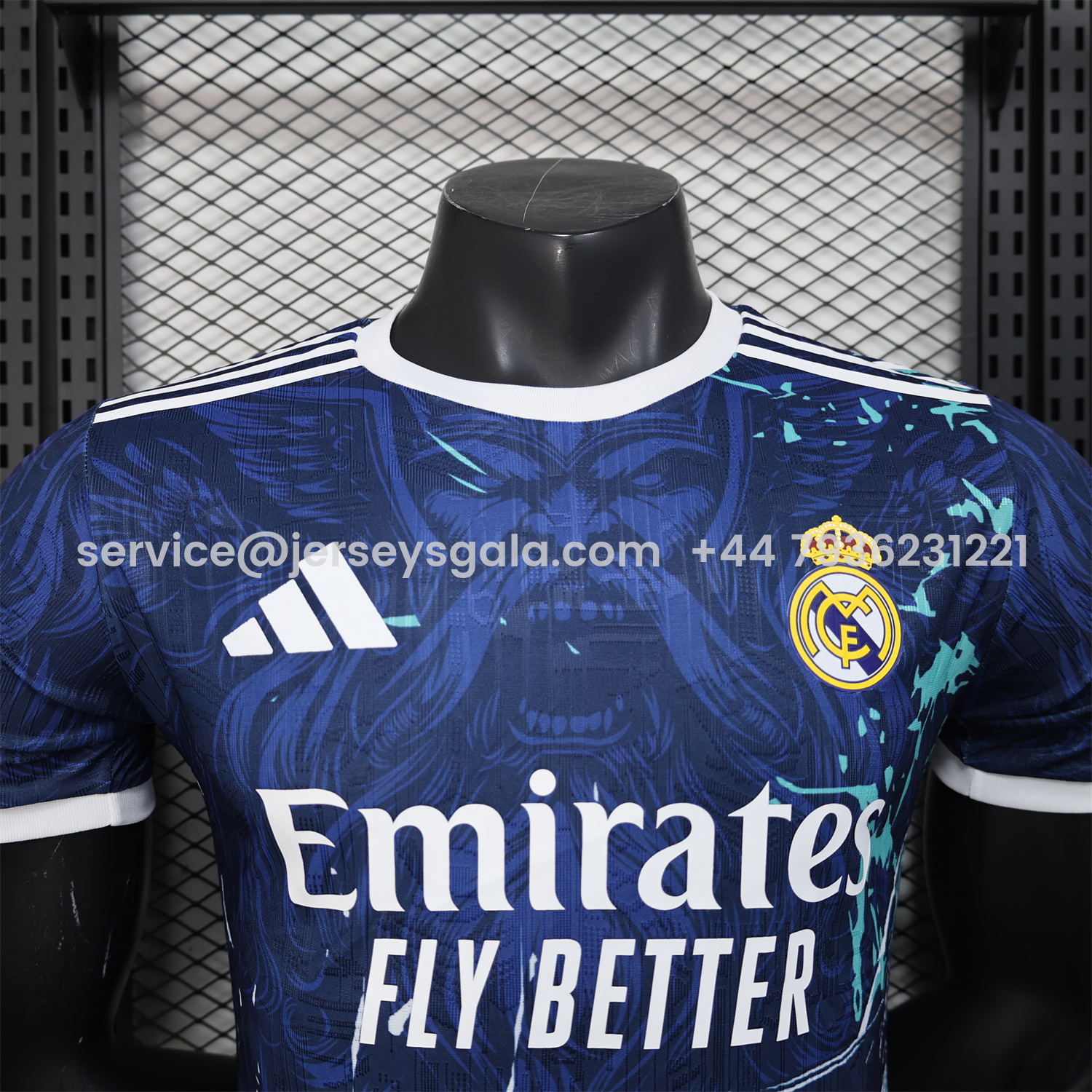 JerseysGala.com | Real Madrid 25-26 Blue Jersey with White Viking Roar Comics - Player Version -Customize Name, Number and Patch | Worldwide Shipping
