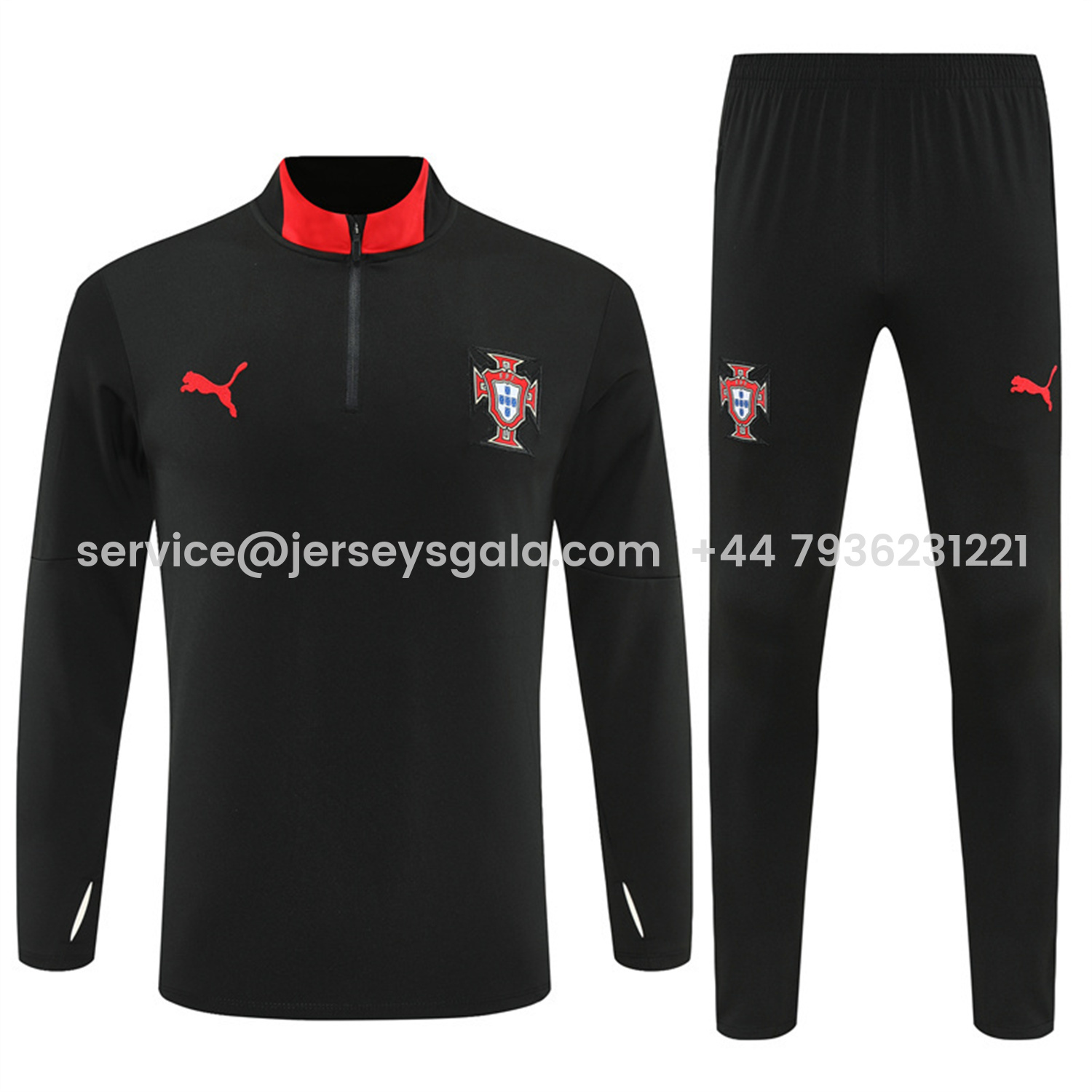 JerseysGala.com | Portugal 25-26 Kids Long Sleeve Training Set - Black Top & Black Pants -Customize Name, Number and Patch | Worldwide Shipping