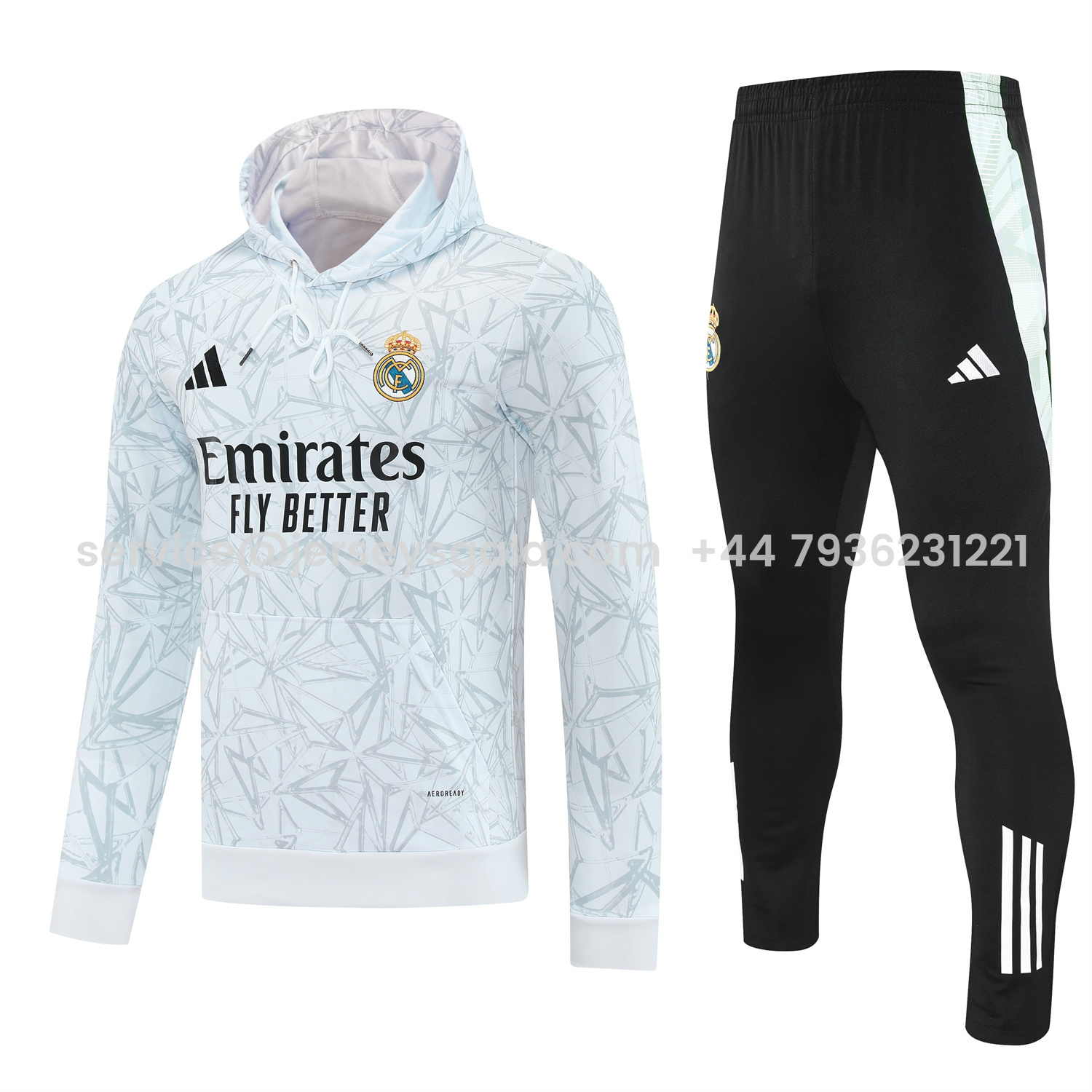 JerseysGala.com | Real Madrid 25-26 Traning Hoodie Set - Triangular Spots White Hoodie With Black Pants -Customize Name, Number and Patch | Worldwide Shipping