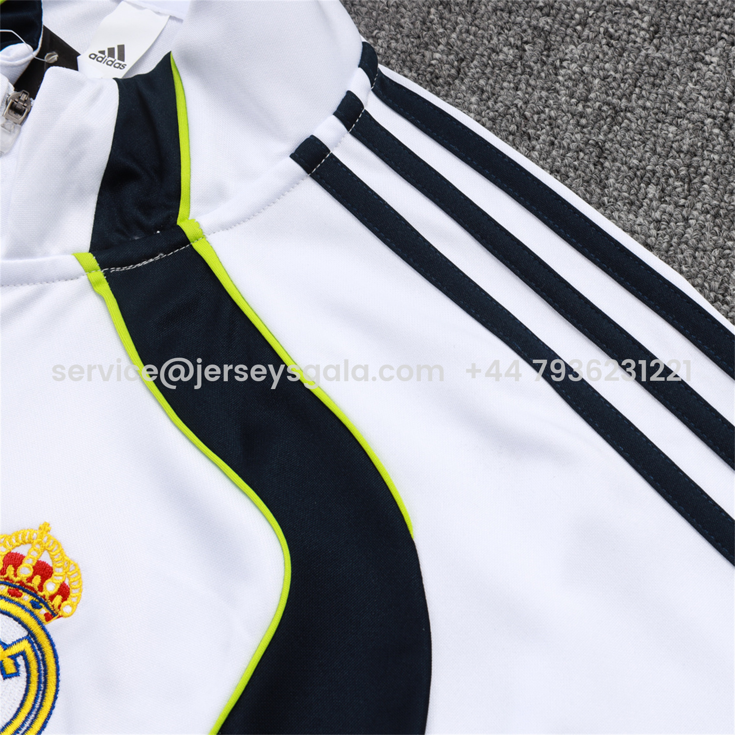 JerseysGala.com | Real Madrid 25-26 Long Sleeve Training Set - White Urban Purist Style and Deep Blue Pants -Customize Name, Number and Patch | Worldwide Shipping