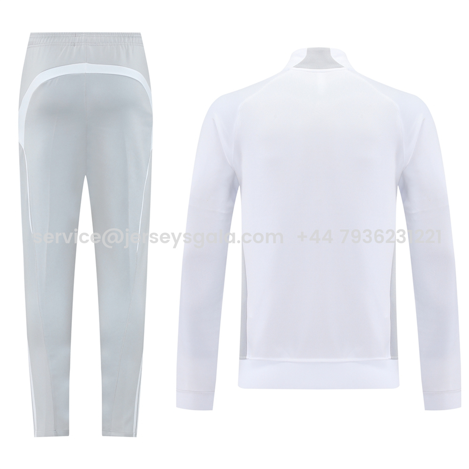 JerseysGala.com | Real Madrid 25-26 Jacket Training Tracksuit - White Jackets & Light Grey Pants -Customize Name, Number and Patch | Worldwide Shipping