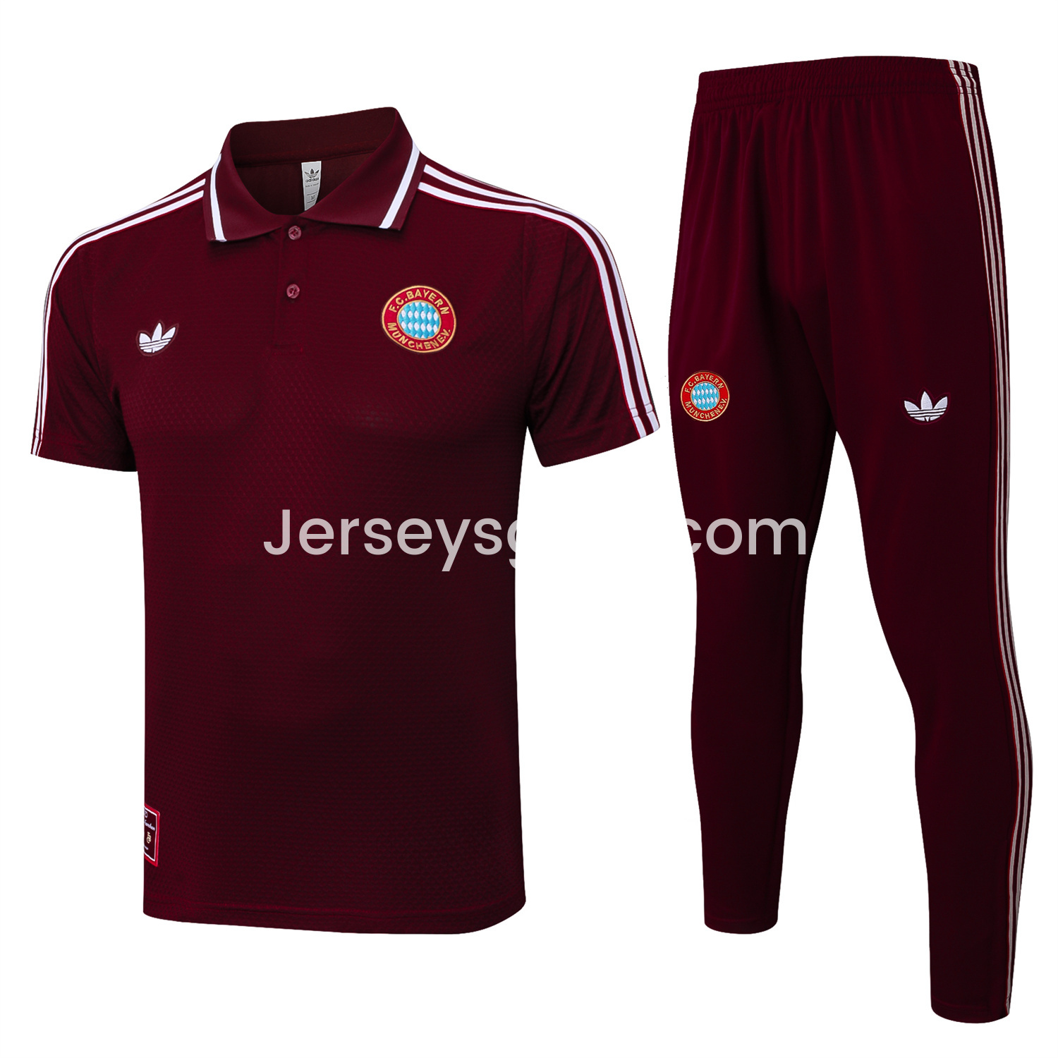 JerseysGala.com | Bayern Munich 25-26 POLO Short-Sleeve Training Set - Deep Red Top and Pants -Customize Name, Number and Patch | Worldwide Shipping