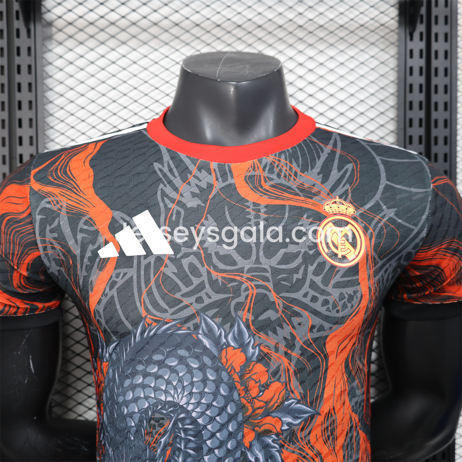JerseysGala.com | Real Madrid 25-26 Grey Chinese Loong and Red Fire Black Jersey - Player Version -Customize Name, Number and Patch | Worldwide Shipping