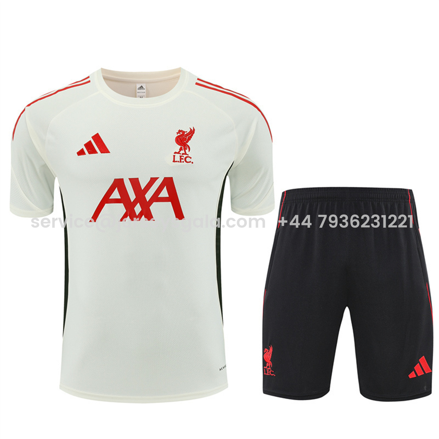 JerseysGala.com | Liver.pool 25-26 Short-Sleeve Training Set Off White Top & Black Shorts -Customize Name, Number and Patch | Worldwide Shipping