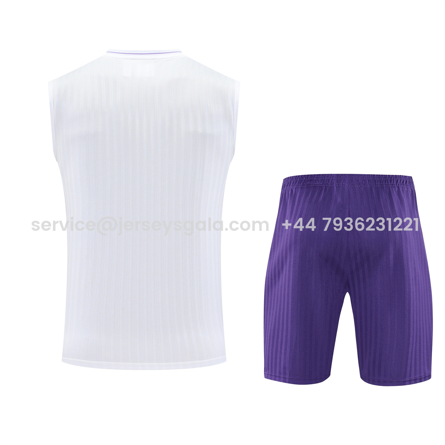 JerseysGala.com | Real Madrid 25-26 Vest Training Set - Pure White Vest & Purple Shorts -Customize Name, Number and Patch | Worldwide Shipping