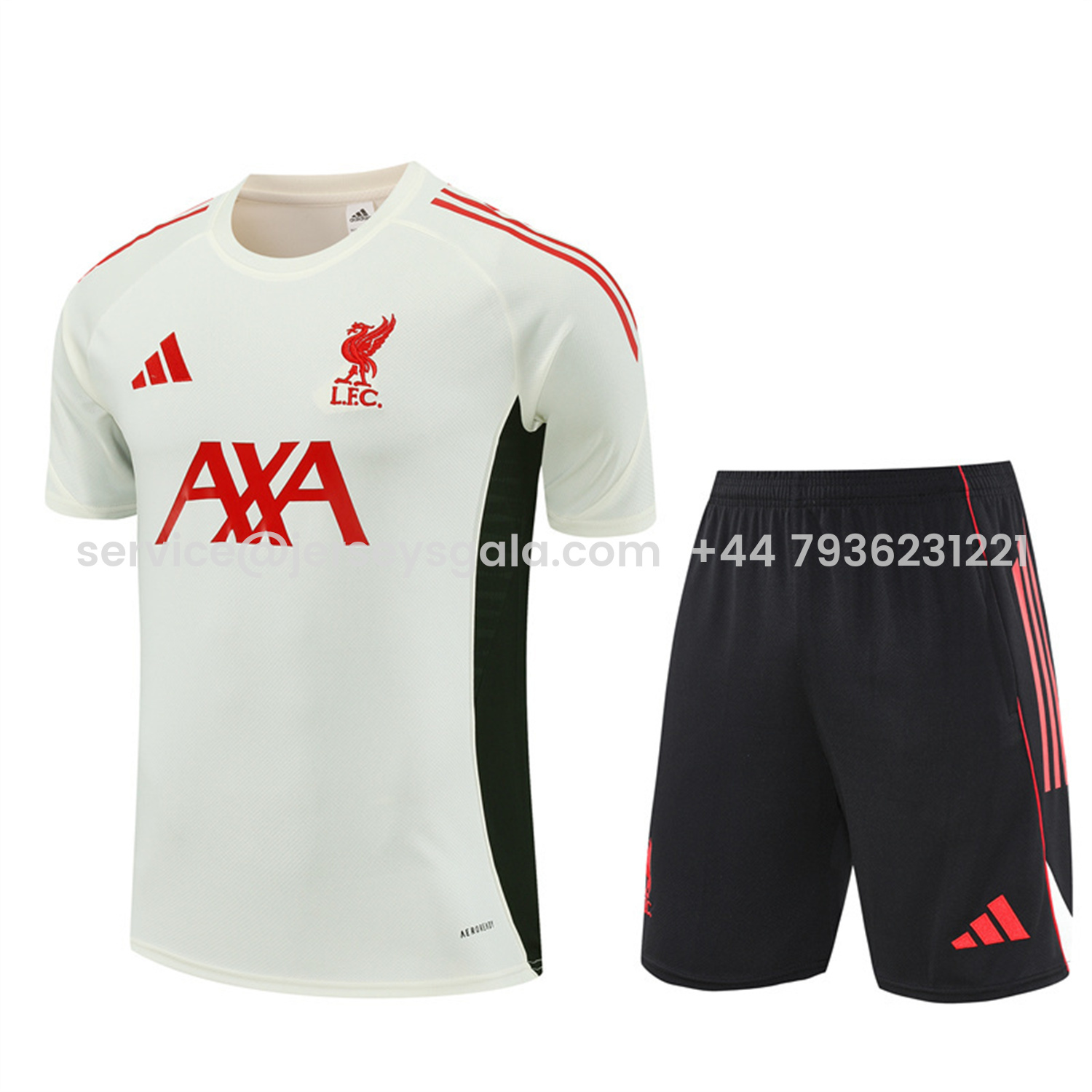 JerseysGala.com | Liver.pool 25-26 Short-Sleeve Training Set Off White Top & Black Shorts -Customize Name, Number and Patch | Worldwide Shipping