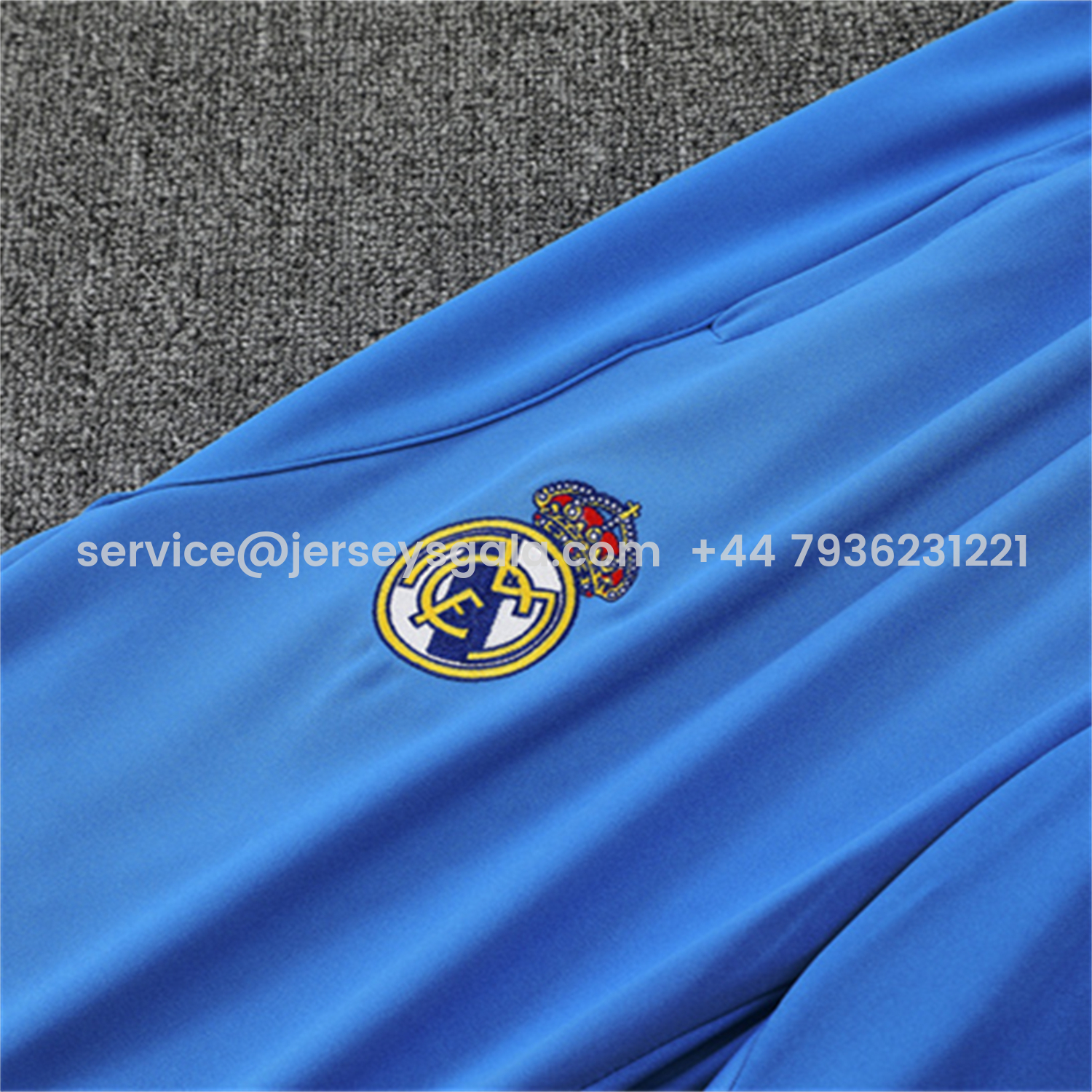 JerseysGala.com | Real Madrid 25-26 Kids Long Sleeve Training Set - Bright Blue Top & Pants -Customize Name, Number and Patch | Worldwide Shipping