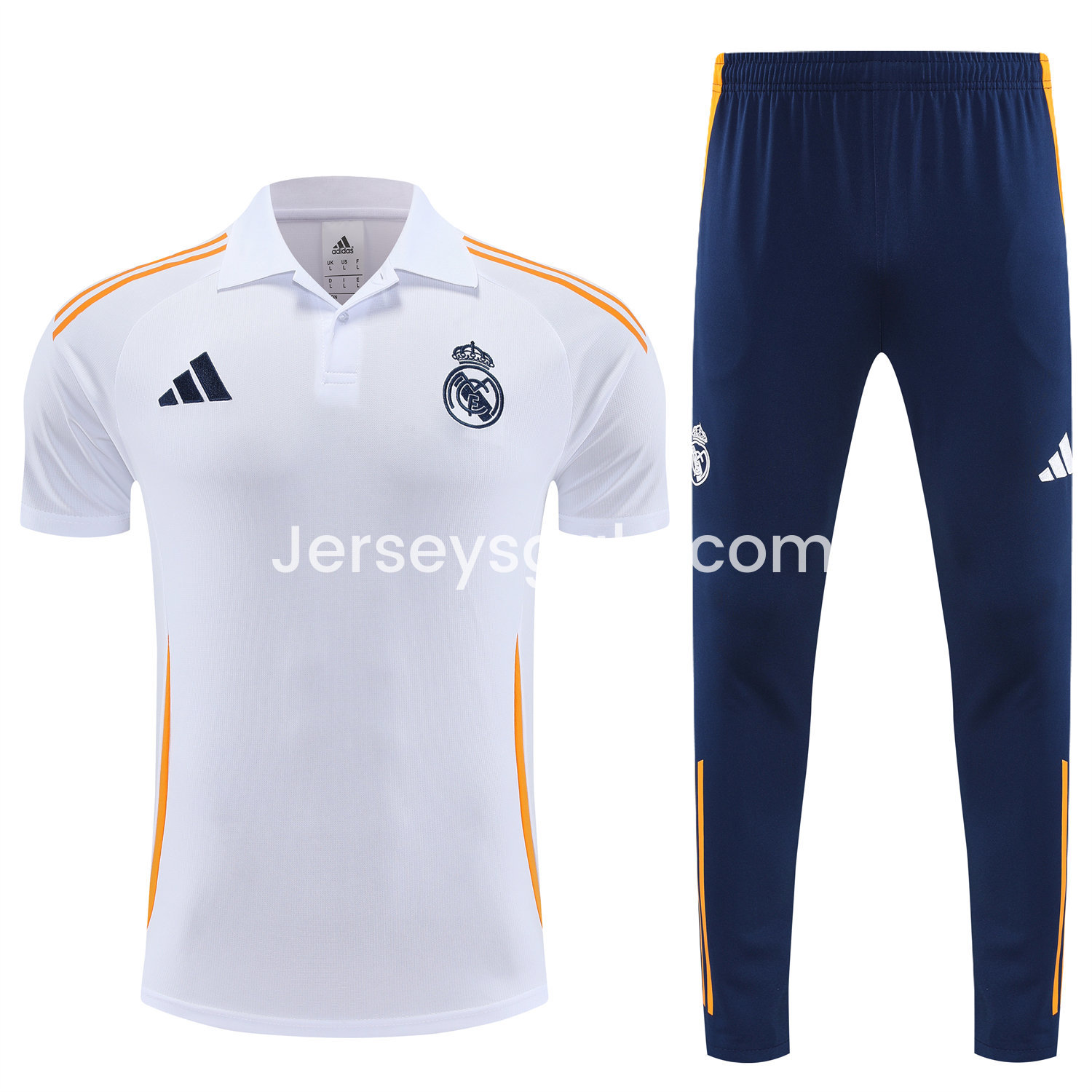 JerseysGala.com | Real Madrid 25-26 POLO Short-Sleeve Training Set - White Top and Deep Blue Pants -Customize Name, Number and Patch | Worldwide Shipping