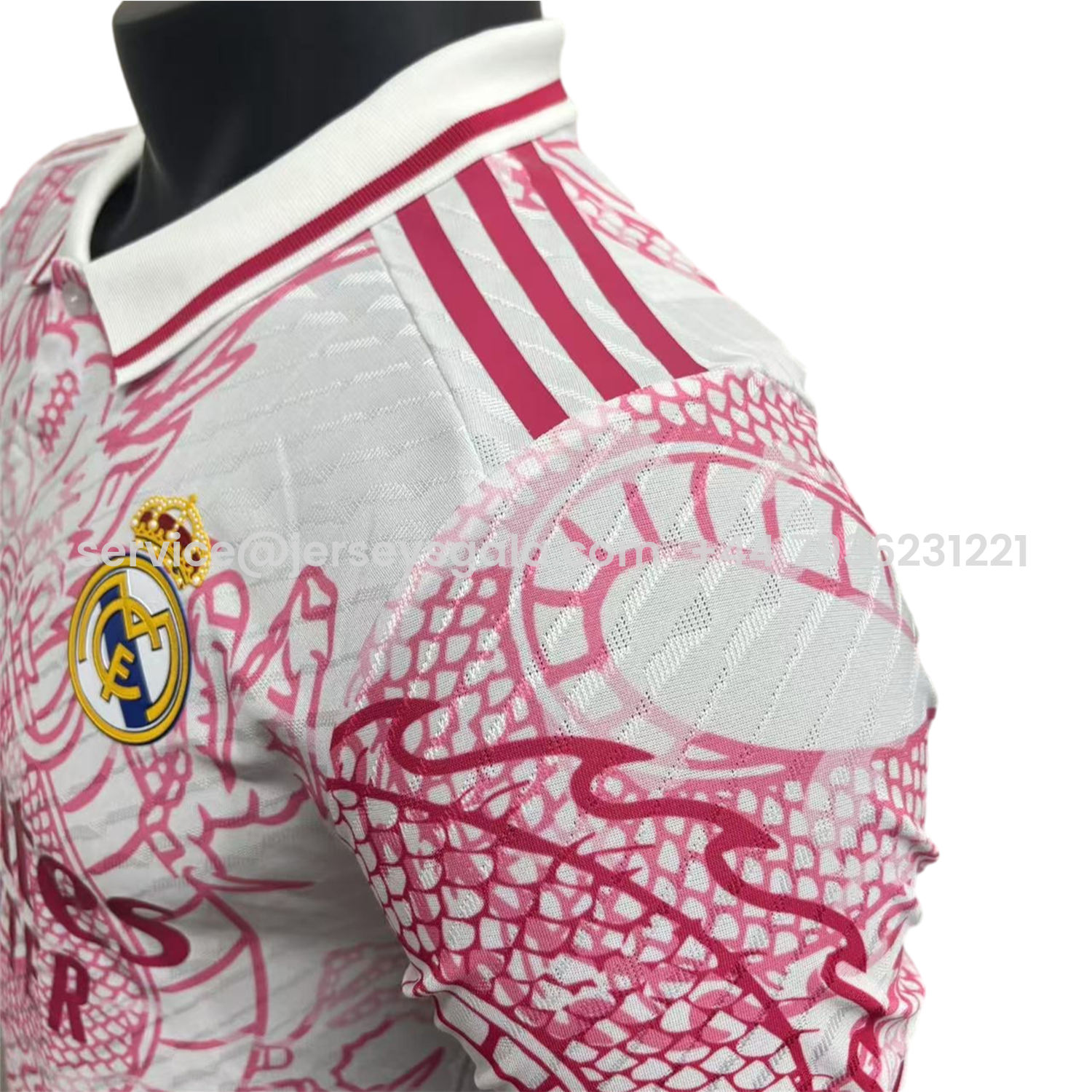 JerseysGala.com | Real Madrid 25-26 Pink and White Dragon Pattern Jersey - Player Version -Customize Name, Number and Patch | Worldwide Shipping
