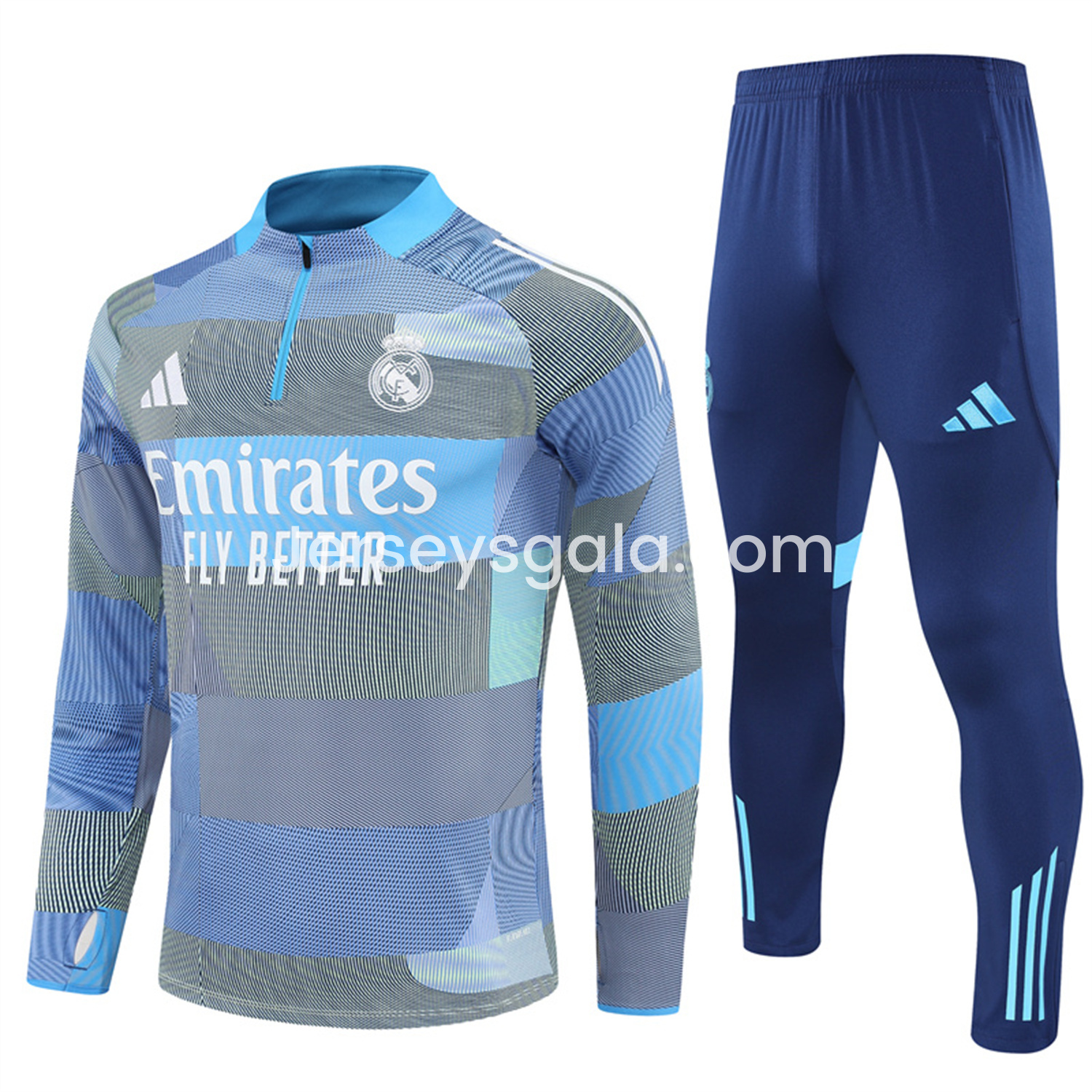 JerseysGala.com | Real Madrid 25-26 Long Sleeves Training Set - Blue-Gray Camouflage Top & Blue Pants -Customize Name, Number and Patch | Worldwide Shipping