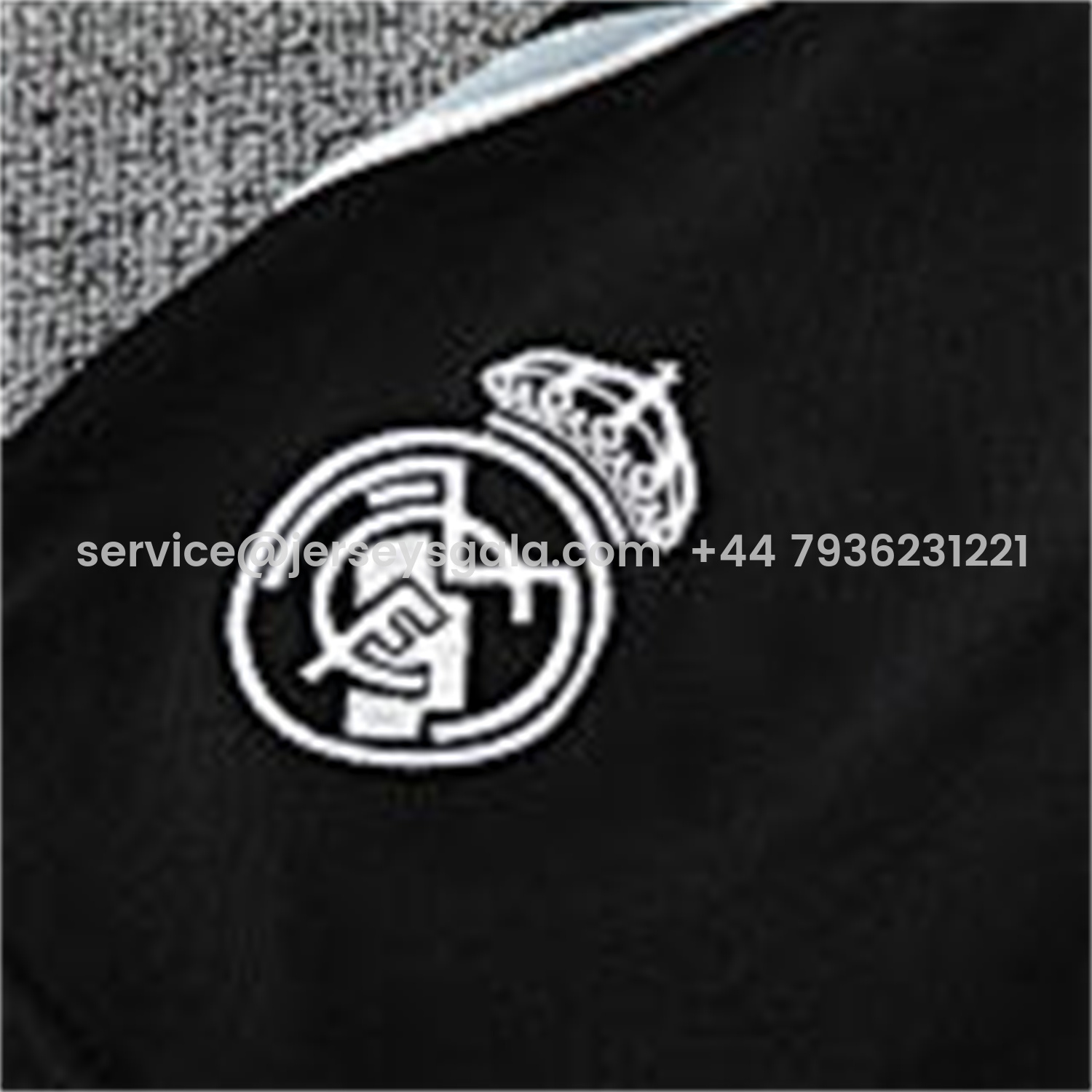 JerseysGala.com | Real Madrid 25-26 Short-Sleeve Training Set - Light Grey Stripes Black Top & Black Shorts -Customize Name, Number and Patch | Worldwide Shipping