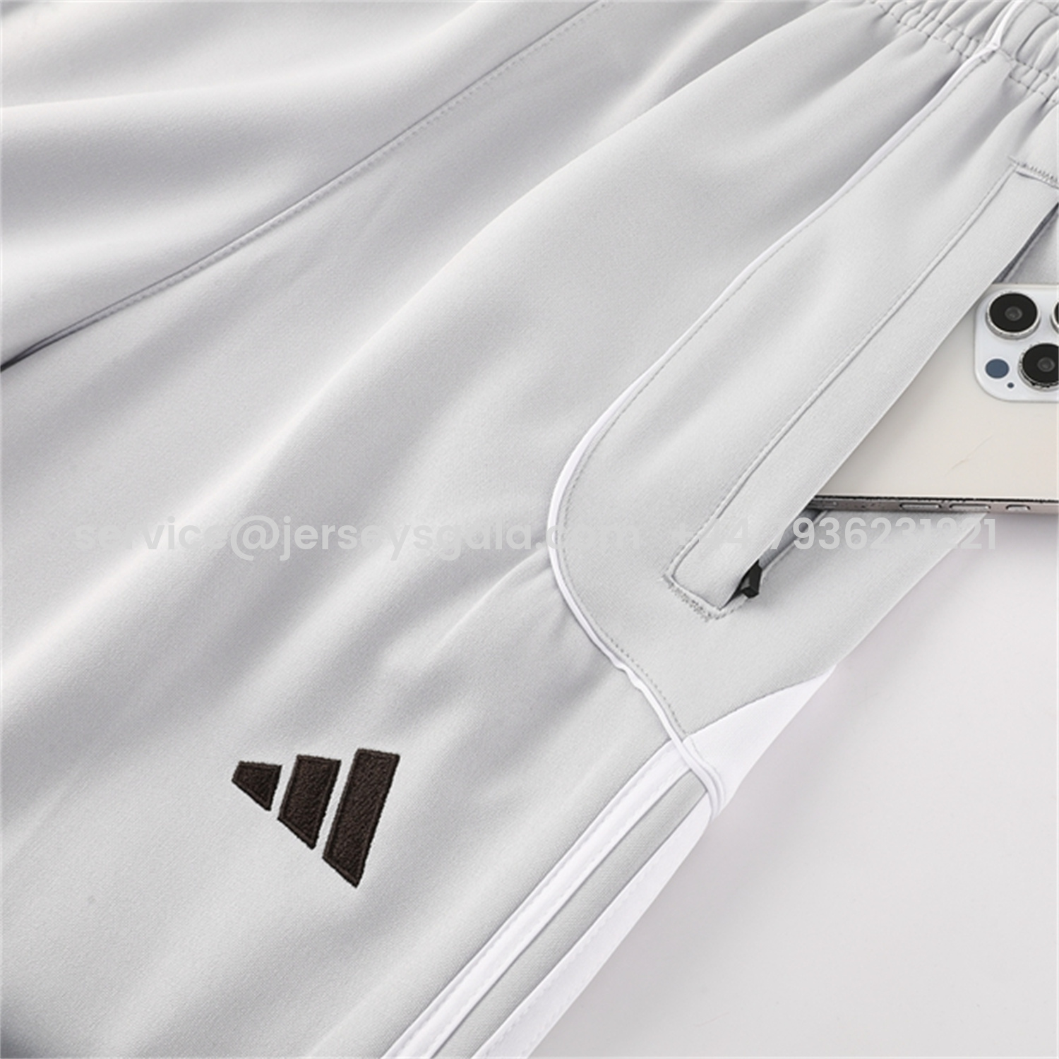 JerseysGala.com | Real Madrid 25-26 Jacket Training Tracksuit - White Jackets & Light Grey Pants -Customize Name, Number and Patch | Worldwide Shipping