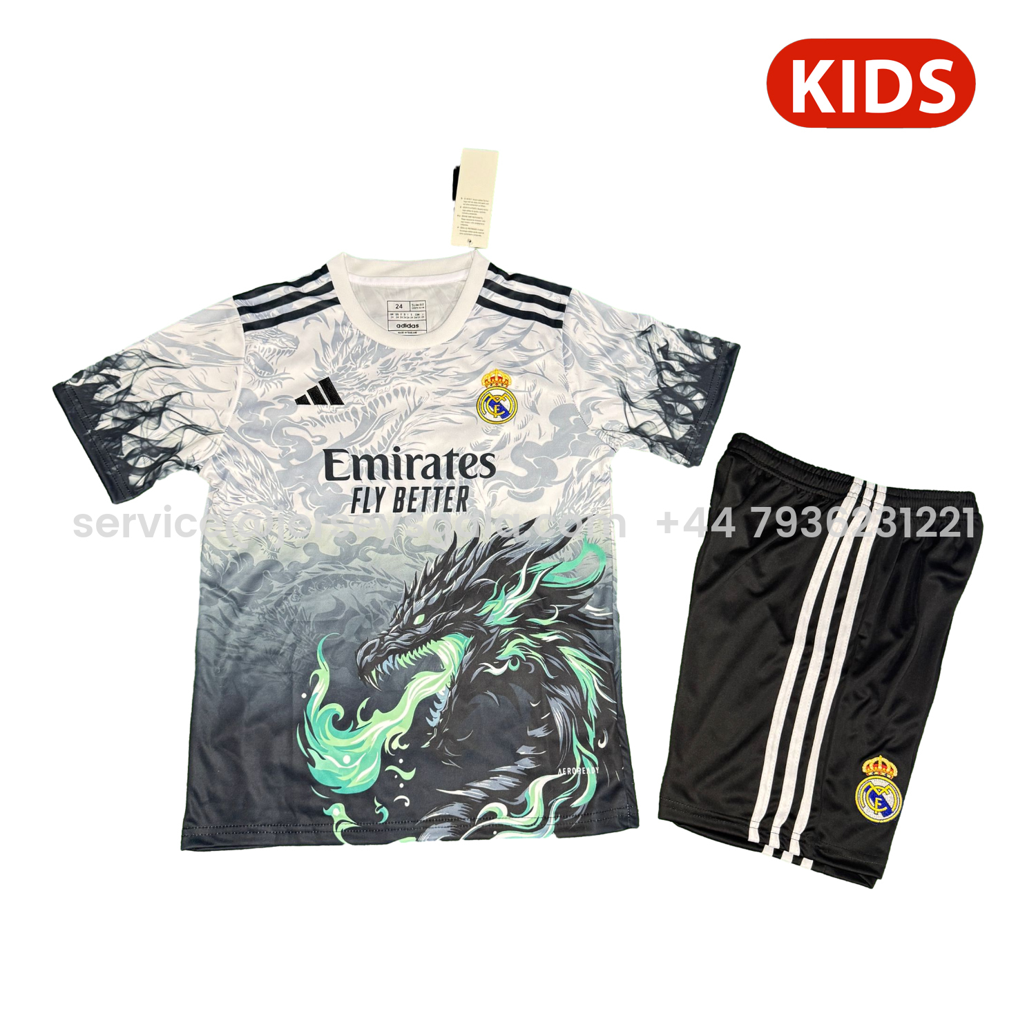 JerseysGala.com | Real Madrid 25-26 Green Fire Black Dragon White Special Kids Kit -Customize Name, Number and Patch | Worldwide Shipping