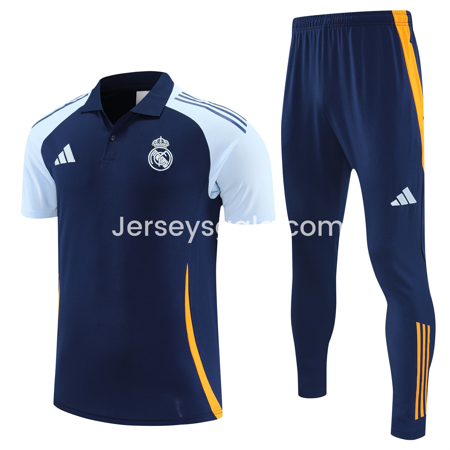 JerseysGala.com | Real Madrid 25-26 POLO Short-Sleeve Training Set - Deep Blue Top and Pants with Yellow Stripes -Customize Name, Number and Patch | Worldwide Shipping