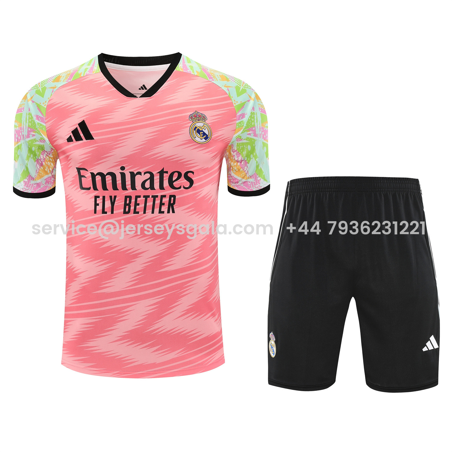 JerseysGala.com | Real Madrid 25-26 Short-Sleeve Training Set - Pink Arrow Pattern Top & Black Shorts -Customize Name, Number and Patch | Worldwide Shipping