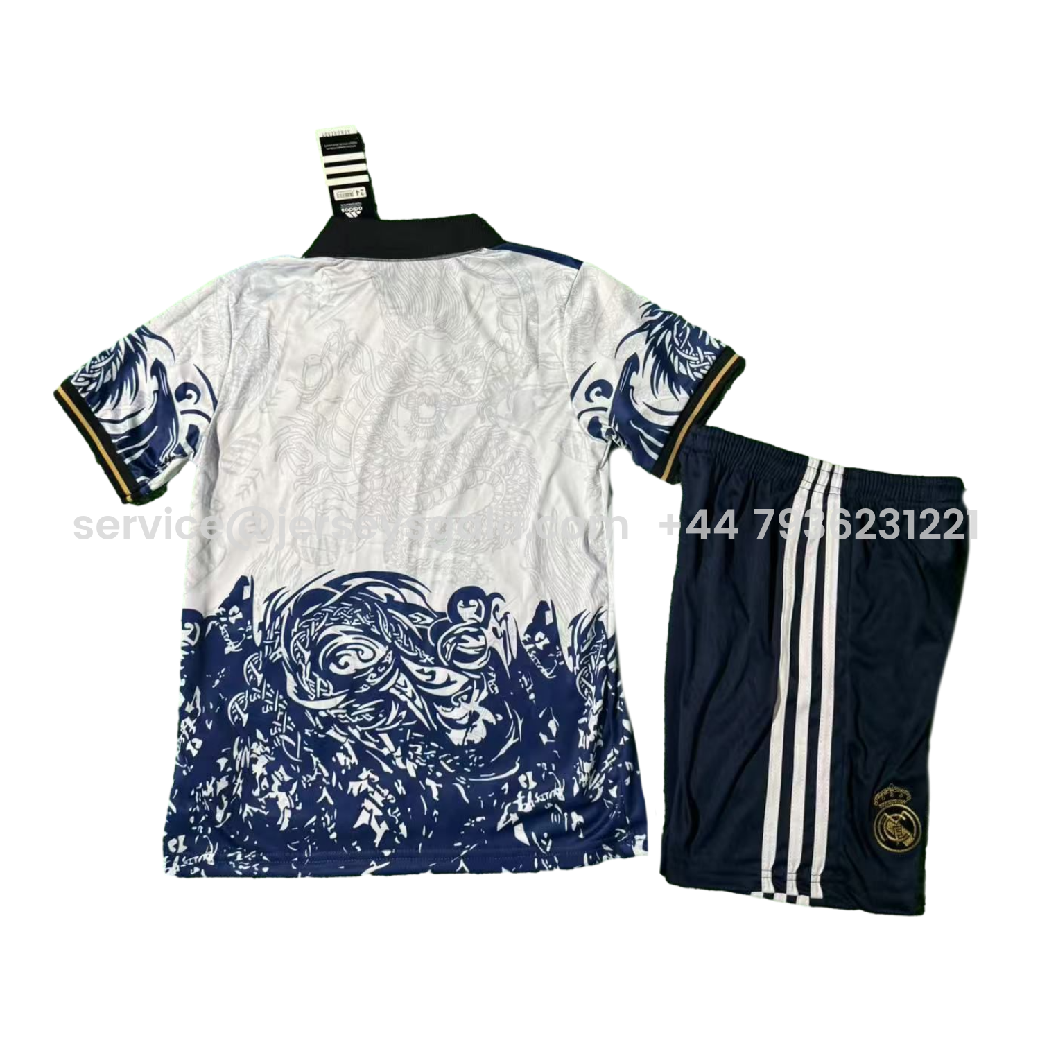 JerseysGala.com | Real Madrid 25-26 Blue Fire Dragon White Special Polo Kids Kit -Customize Name, Number and Patch | Worldwide Shipping