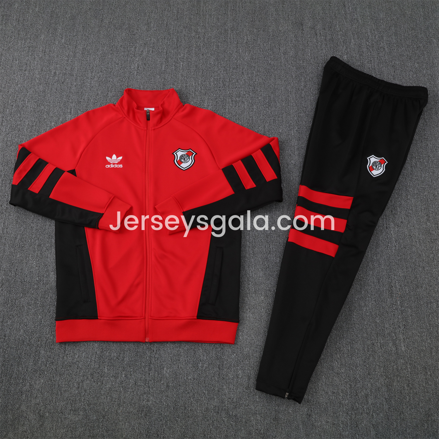 JerseysGala.com | River Plate 25-26 Terrace Jacket Training Tracksuit - Red Jackets & Black Pants -Customize Name, Number and Patch | Worldwide Shipping