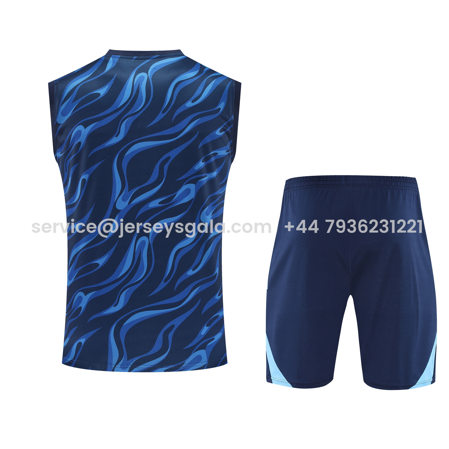 JerseysGala.com | Real Madrid 25-26 Vest Training Set - Blue Water Pattern Top & Deep Blue Shorts -Customize Name, Number and Patch | Worldwide Shipping